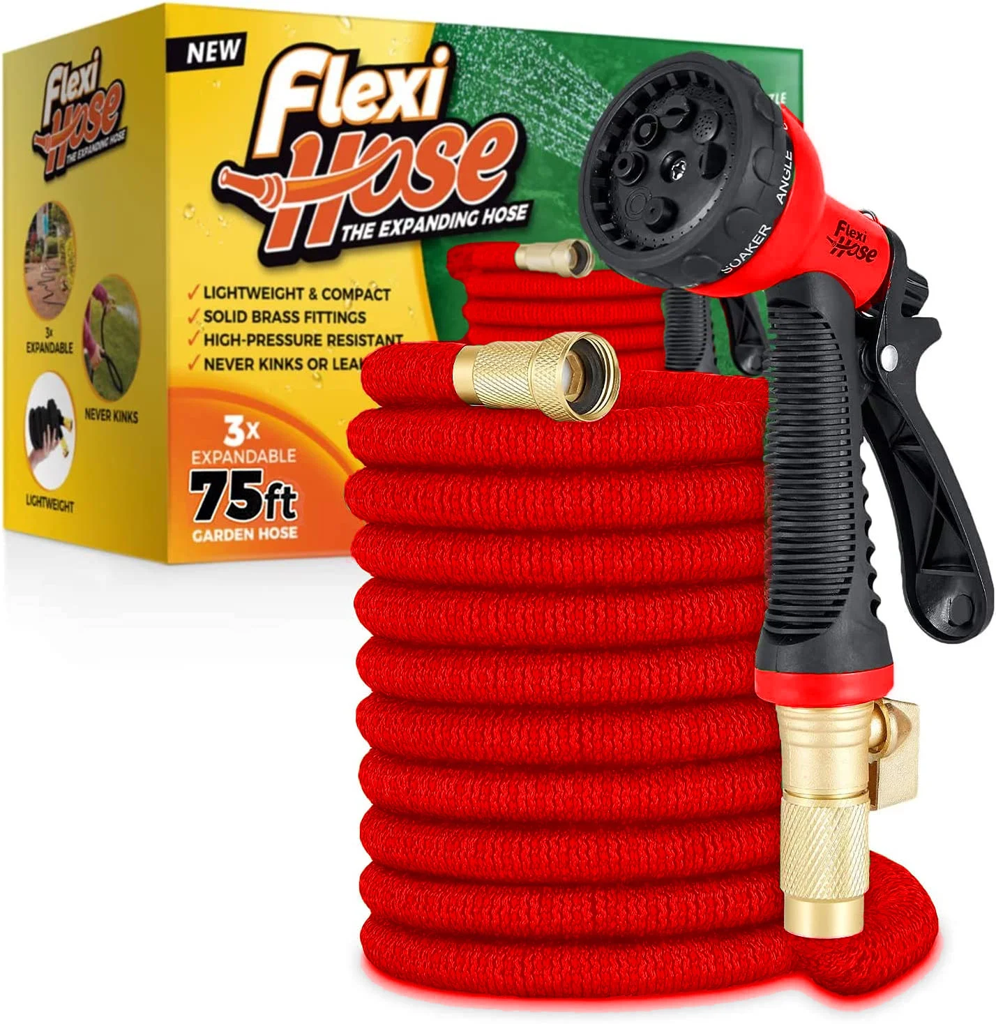 Flexi Hose Expandable Garden Hose | 75 FT No-Kink Flexible Hose | 3/4 Inch Solid Brass Fittings and Double Latex Core | 8 Function Nozzle (Red)