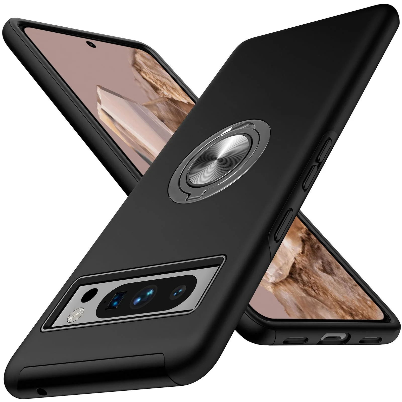 AIOVETEAB for Google Pixel 8 Pro Case,Silky Soft Touch Heavy Duty Protective Cover with Ring Holder Kickstand Magnetic Phone Case for Pixel 8 Pro 2023 (Black)
