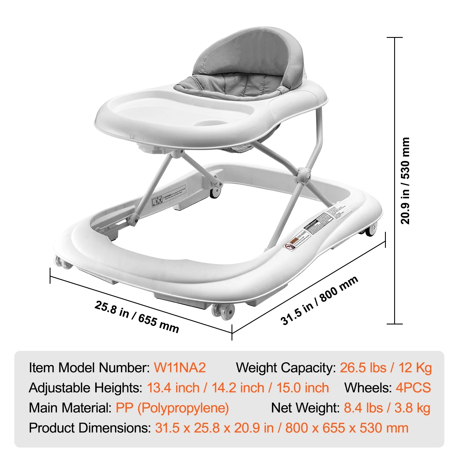 SKYSHALO Baby Walker, Foldable Height Adjustable Baby Walker with Wheels, Infant Toddler Walker with Feeding Tray, Anti-Rollover Activity Walker Helper for Boy Girl 6-12 Months