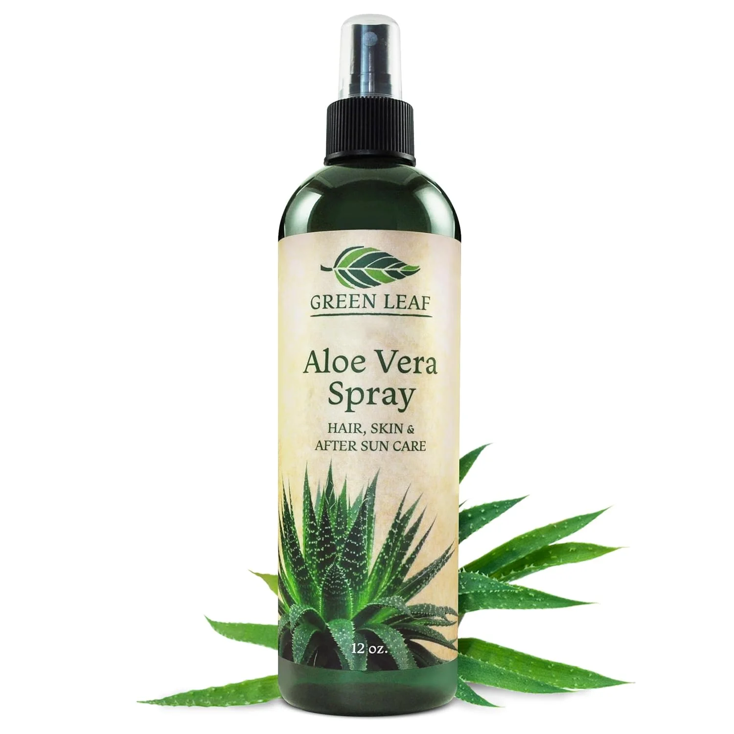 Aloe Vera Spray for Hair, Skin & Face Moisturizer ,Fast Absorption, After Sun Care, Sunburn Relief & Solar Recovery Spray,12oz,Cold pressed- Aloevera Body Spray, Pure Aloe Vera Skin Care by Green Leaf 12 Ounce (Pack of 1)