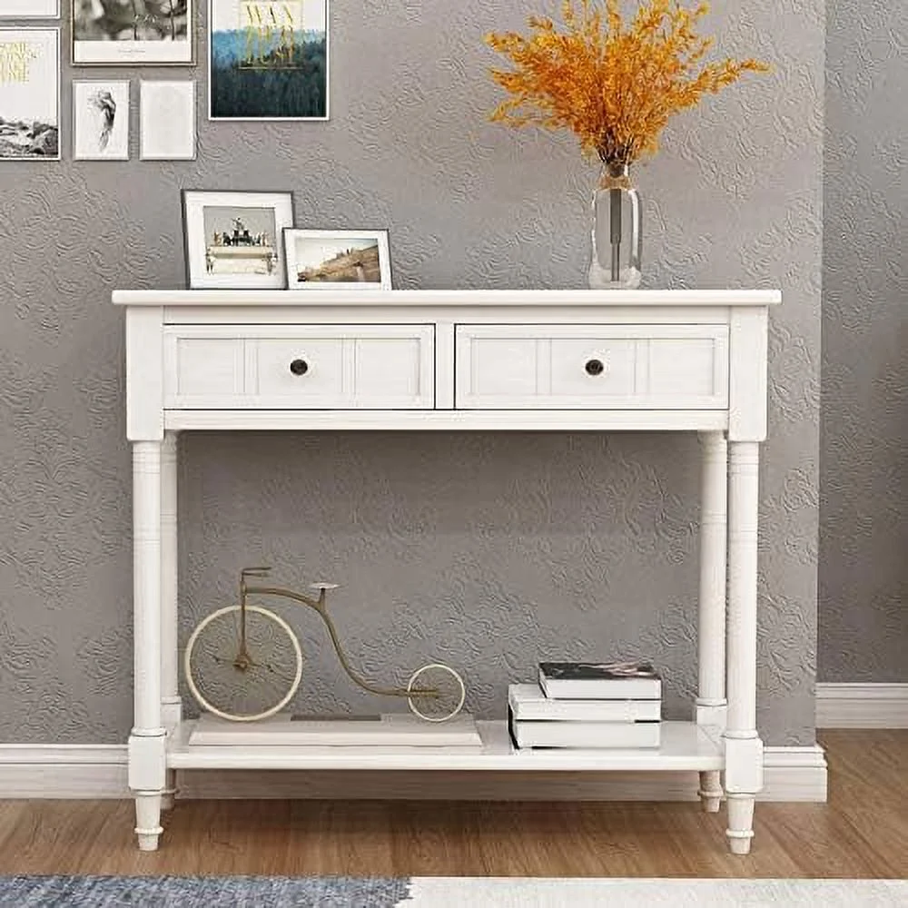 TJUNBOLIFE Console Table Sideboard Wooden Sofa Table with 2 Drawers and Bottom  for Bedroom (White)