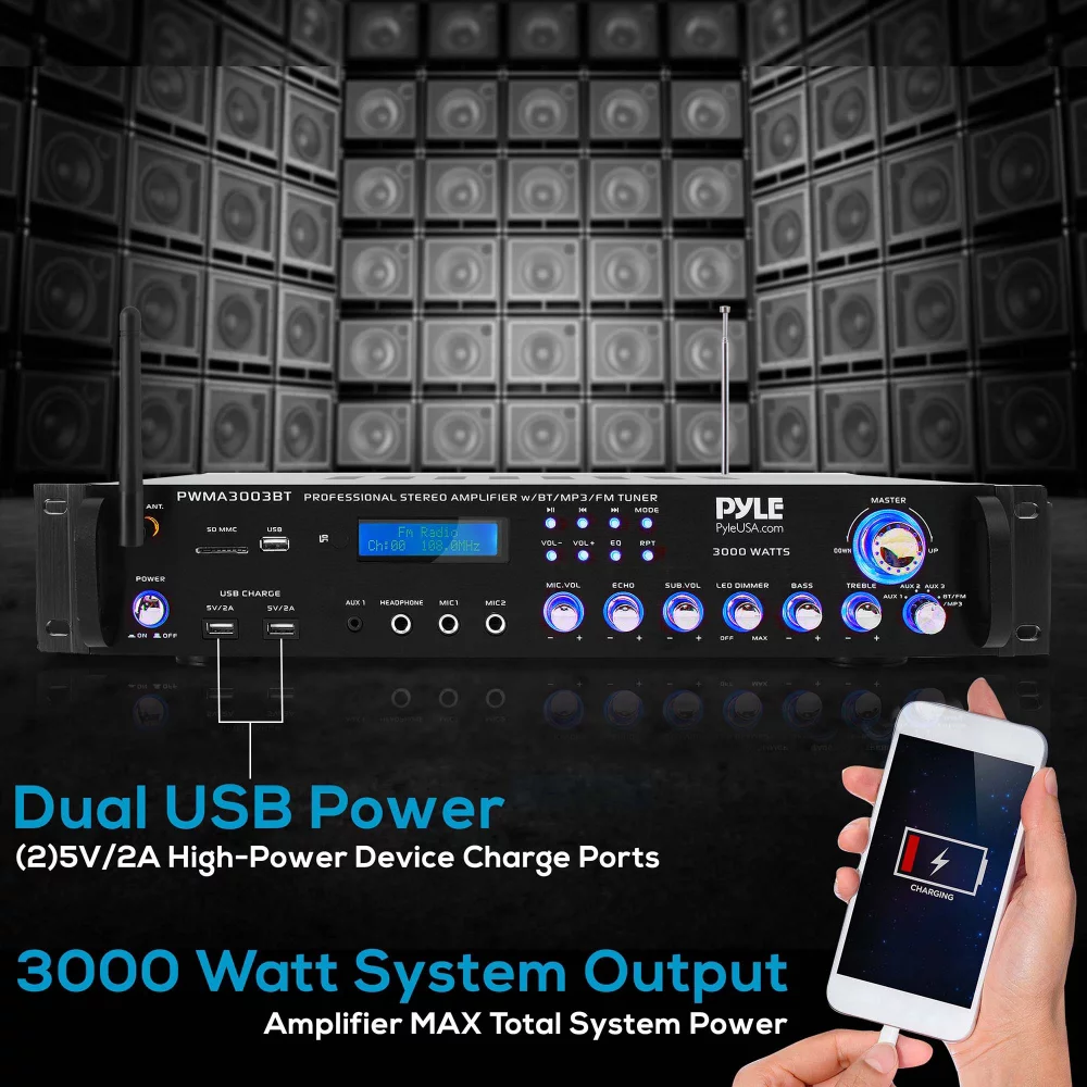 Pyle 3000W 4 Channel Bluetooth Hybrid Amplifier Receiver w/ Microphones & Remote