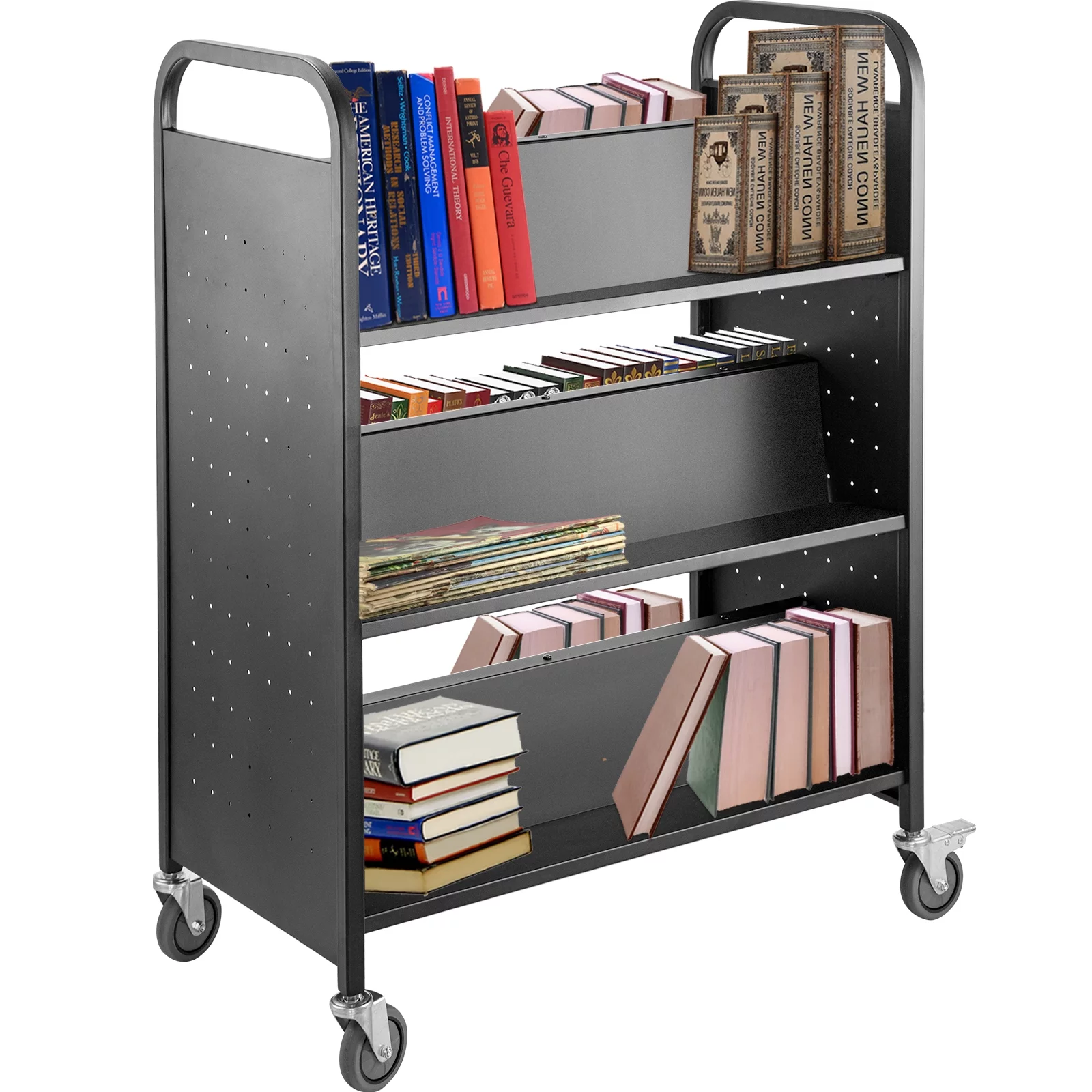 BENTISM Book Cart Library Cart 200lb w/ Double Sided W-Shaped Sloped Shelves Black