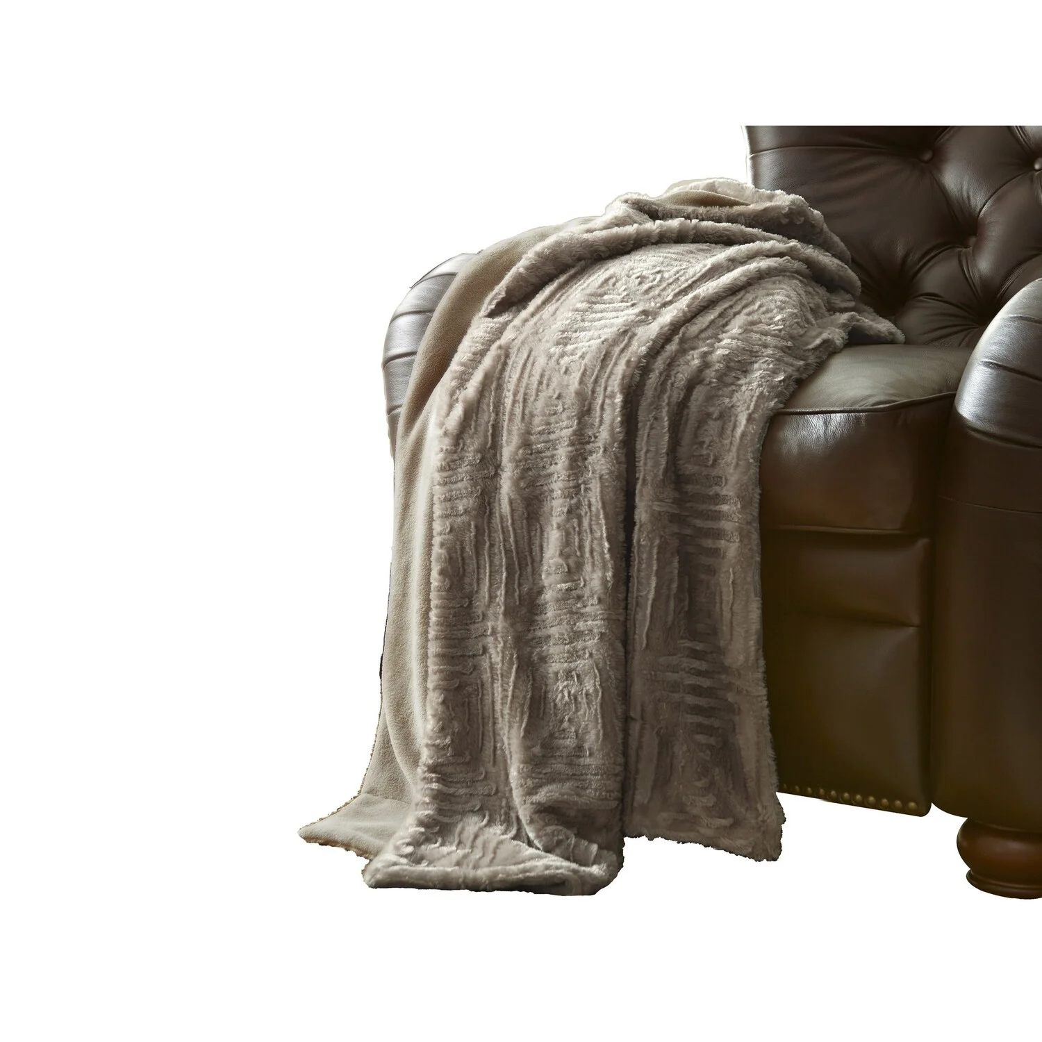 Benjara Treviso Faux Fur Throw with Fret Pattern The Urban Port, Beige