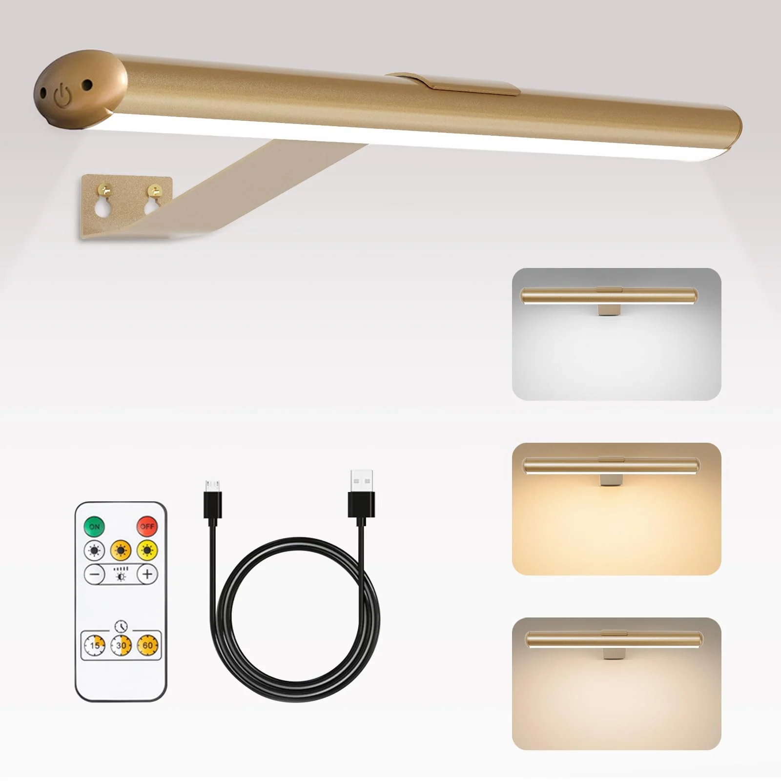 Wireless Picture Lights with Timer, 2 in 1 Rechargeable Battery Painting Light, Display Lamp with 3 Lighting Modes, Picture Lights for Wall, Dart Board Lighting- Gold