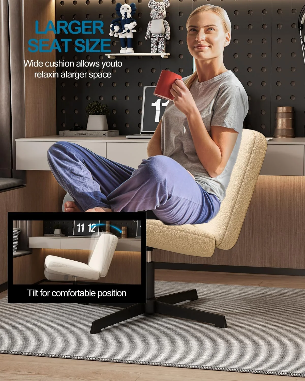 U-ToBe Cross Legged Office Chair,Criss Cross Chair Armless Wide Seat Ergonomic Home Office Desk Chair No Wheels Swivel Computer Chair