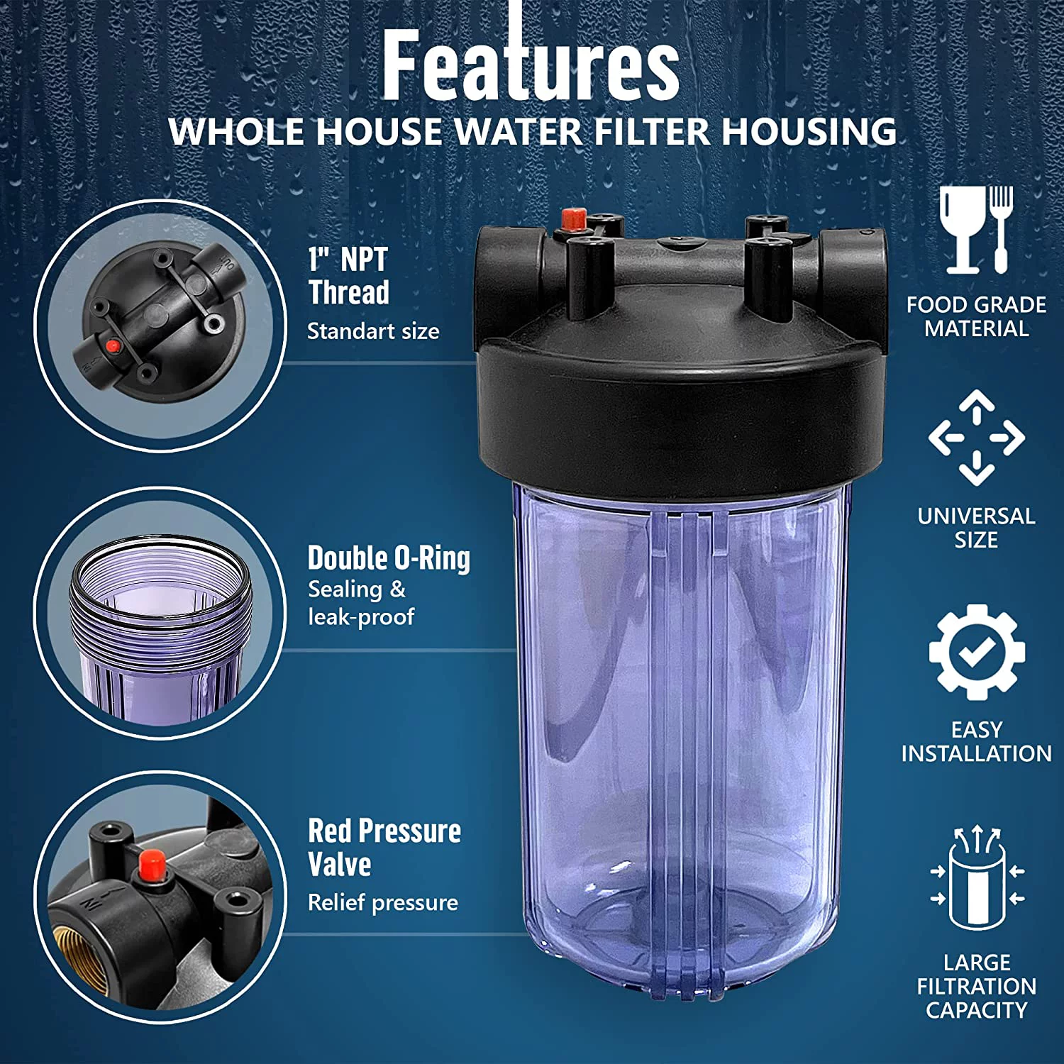 High Capacity 10 x 4.5” Whole House Filter Purifier System for Well or City Water, Presser Relief Button, 1” NPT Brass Port, Double O-ring, Meets NSF Standards & Regulations (Transparent, 1 Set)