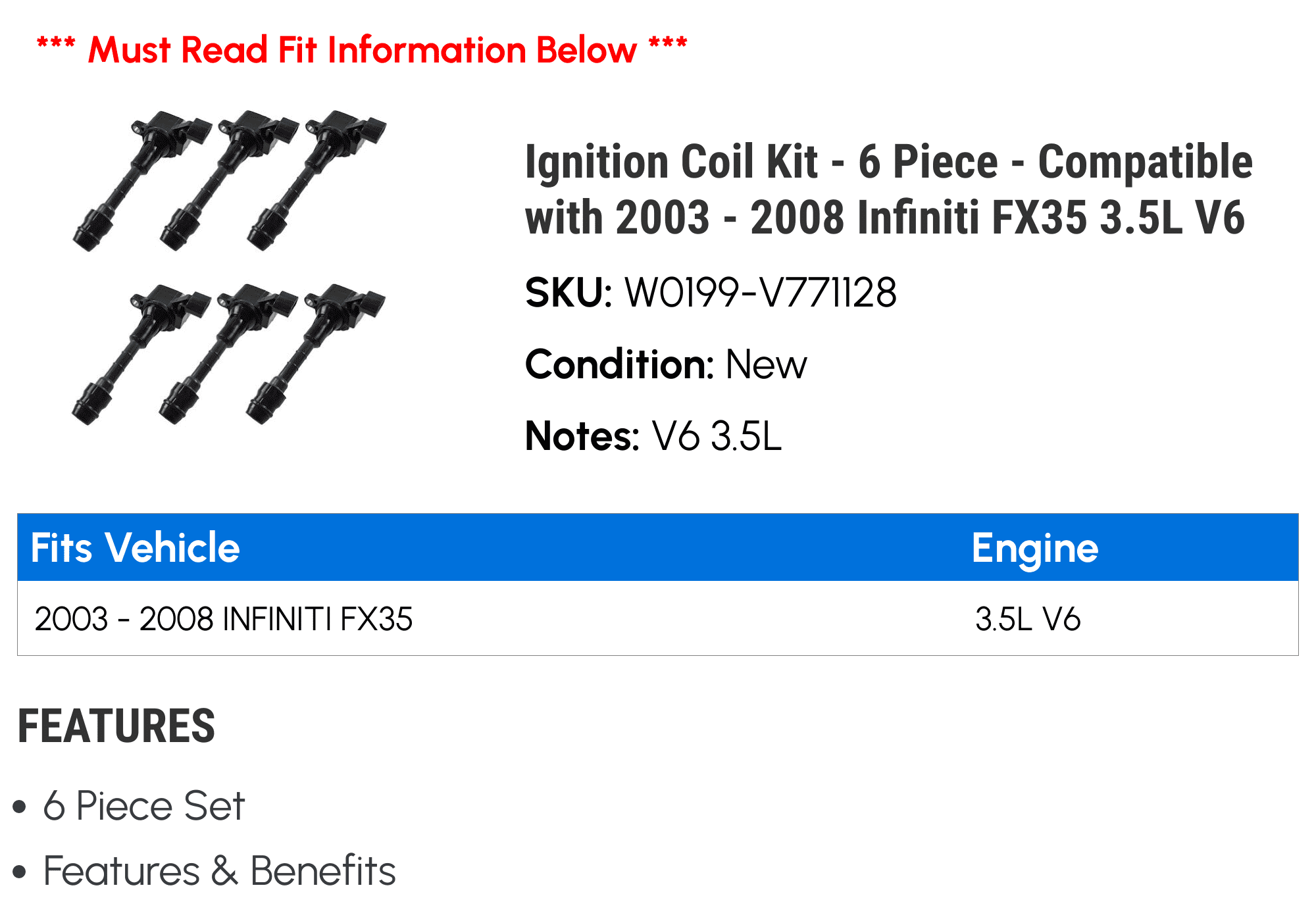 Ignition Coil Kit - 6 Piece - Compatible with 2003 - 2008 Infiniti FX35 3.5L V6 2004 2005 2006 2007