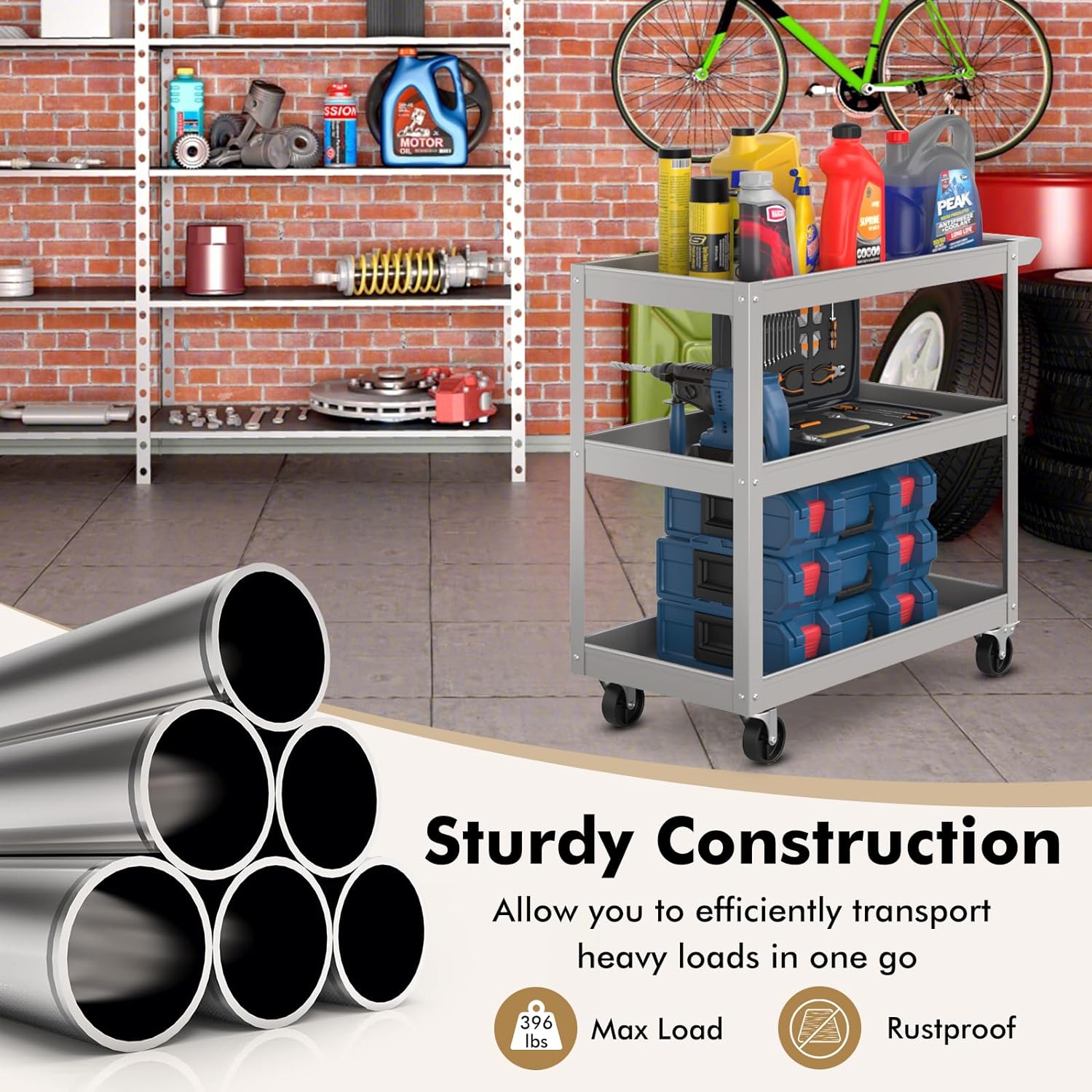 3-Tier Utility Cart, 396 LBS Capacity Rolling Tool Cart with Swivel Wheels and Ergonomic Handle, Heavy Duty Metal Service Cart for Warehouse, Garage and Workshop, Gray