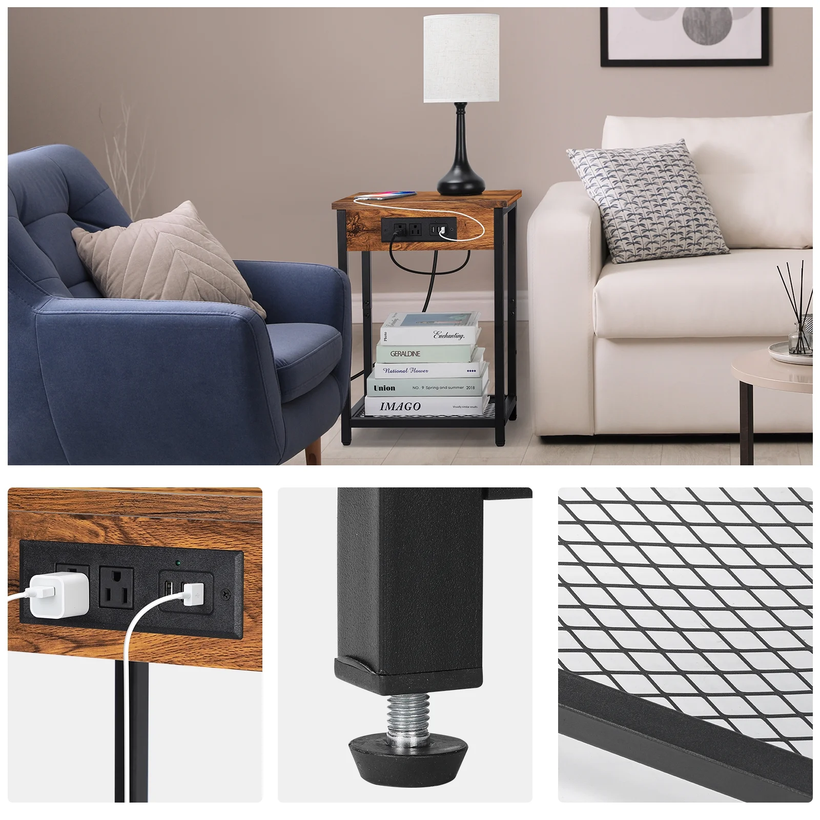 Nightstand End Table with Charging Station Brown, Set of 2