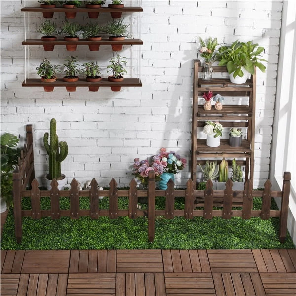 Topeakmart 11.5'' H x 35.5'' W Wood Garden Fence Pricket Fencing Border Set of 5, Natural Wood