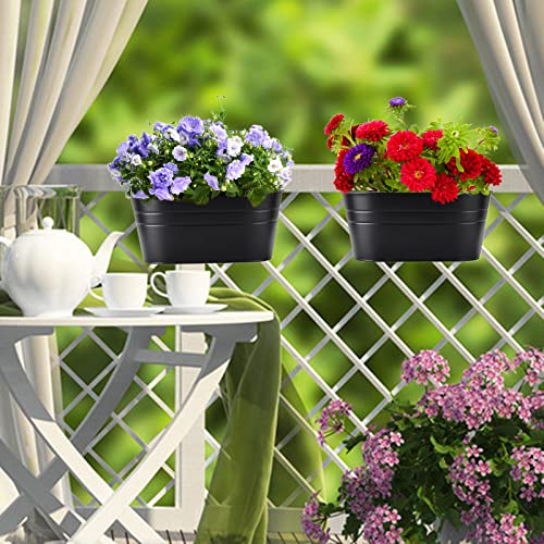 Metal Iron Hanging Flower Pots with 2 Detachable Hooks Black Garden Pots Balcony Planters Metal Bucket Flower Holders for Railing Fence Balcony Garden Home, 27x22.5x12cm/10.6x8.9x4.7in