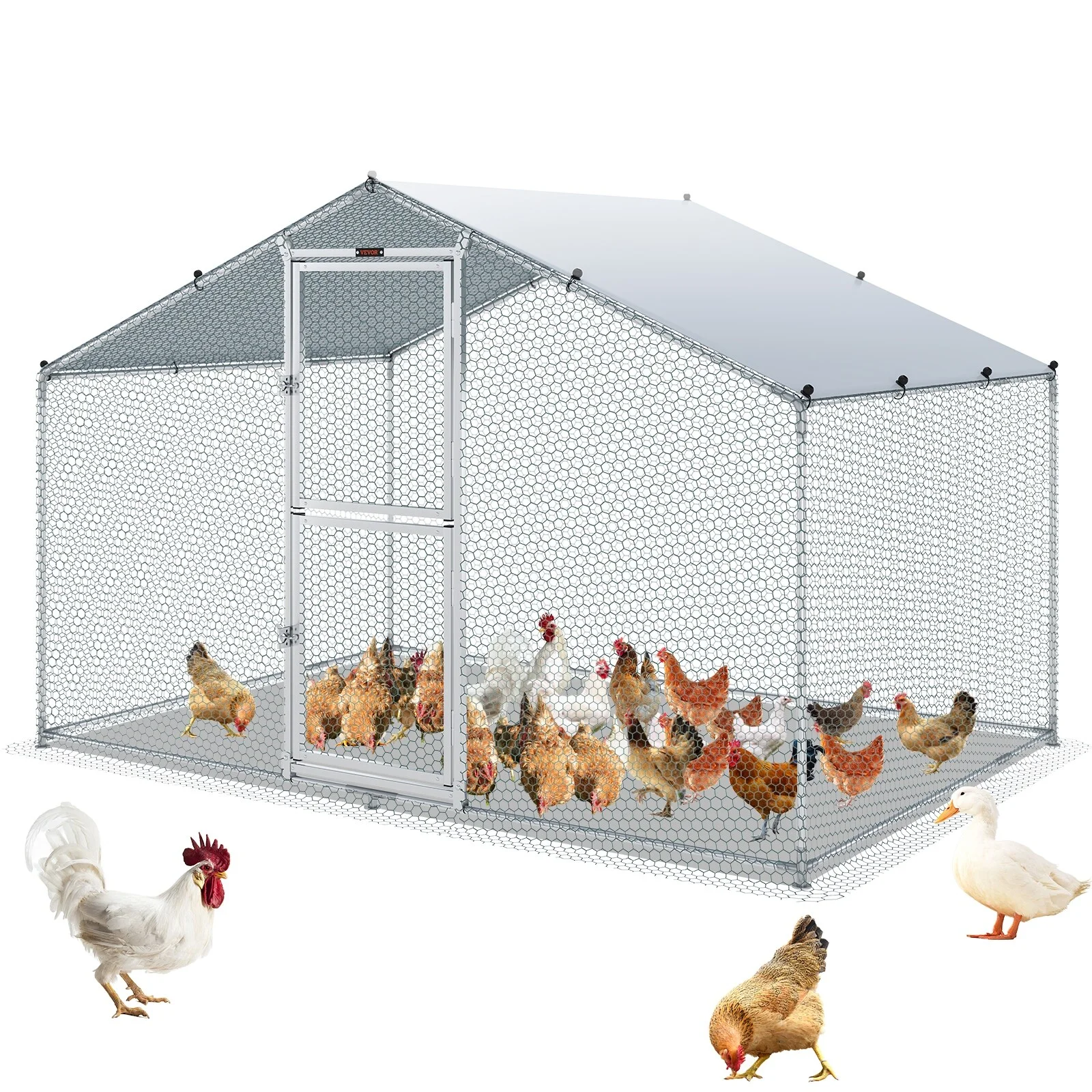 VEVOR Large Metal Chicken Coop with Run Walkin Chicken Coop for Yard with Waterproof Cover 6.6 x 9.8 x 6.6 ft - Peaked Roof