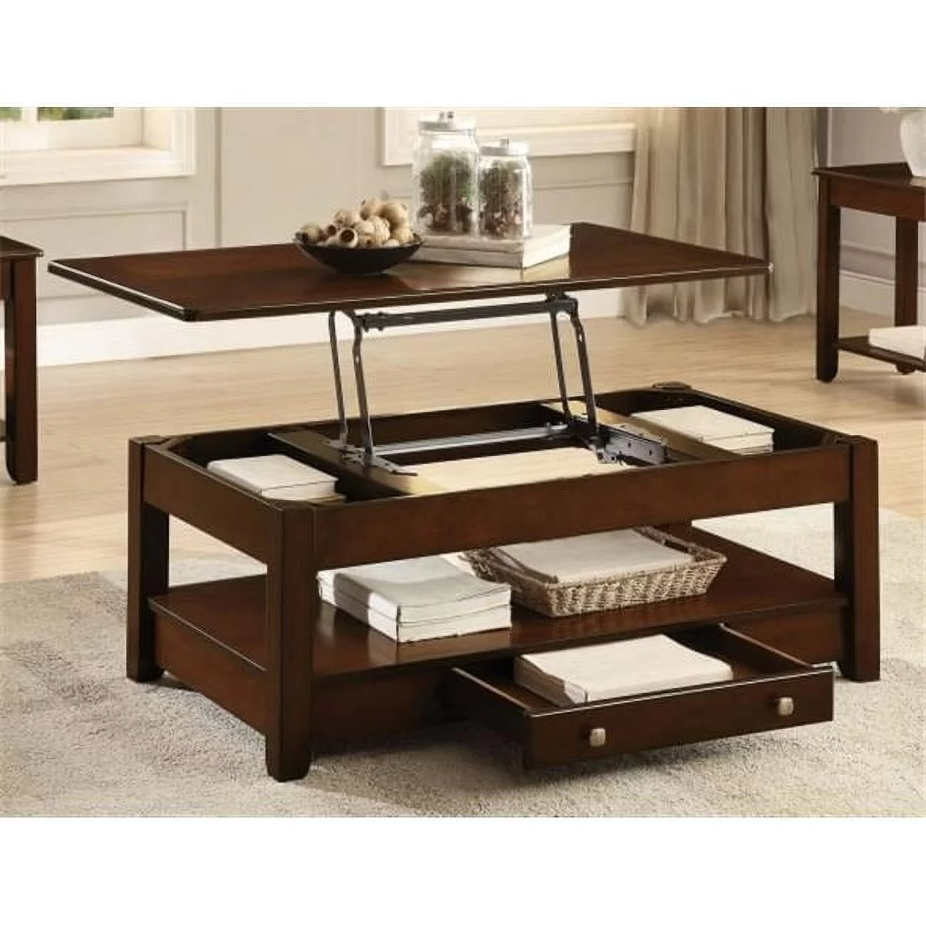 Ballwin Collection Cocktail Table with Lift Top&Functional Drawer on Casters, Cherry - 48 x 26 x 18 in.
