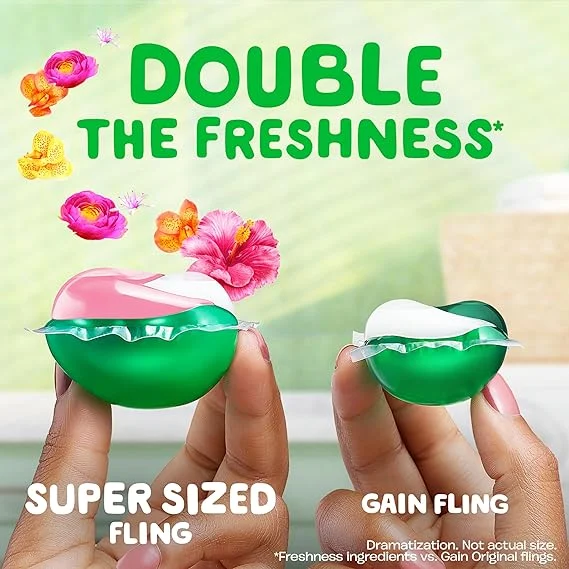 Gain Super Sized Flings Laundry Detergent Pacs, 3-in-1 Detergent Pacs with Febreze and Oxi, Happy Scent, 45 Count