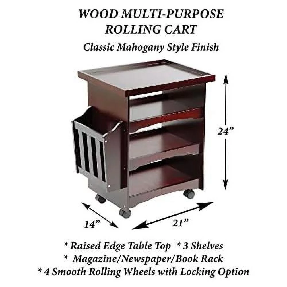 ETNA Rolling Bar Cart Multipurpose End Table With Wheels Narrow Side Table With Magazine Rack, Mahogany Wood Finish, 24