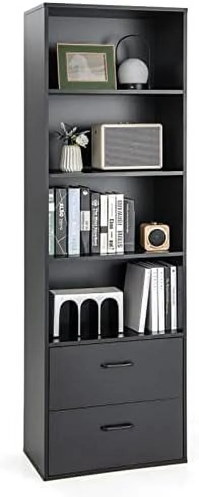 HYHBIBOOM 71" Tall Bookcase with Doors  Modern 4-Tier White Bookshelf with Anti-Tipping Kits  Farmhouse Wooden Book  with   Wood Open  Display Cabinet  4-Cube Book Case for Bedroom