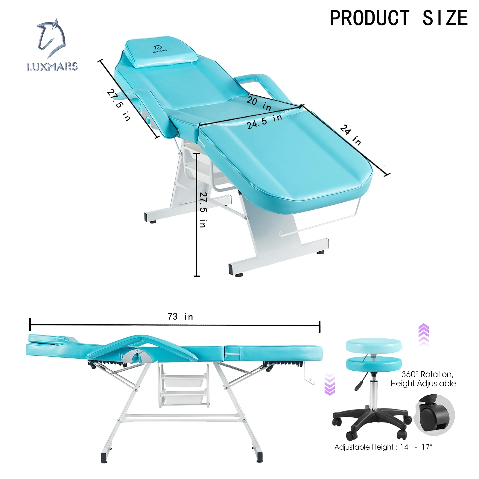 LUXMARS Massage Table Facial Lash Bed with Storage for Eyelash Extensions Salon Tattoo Chair with Stool，Blue