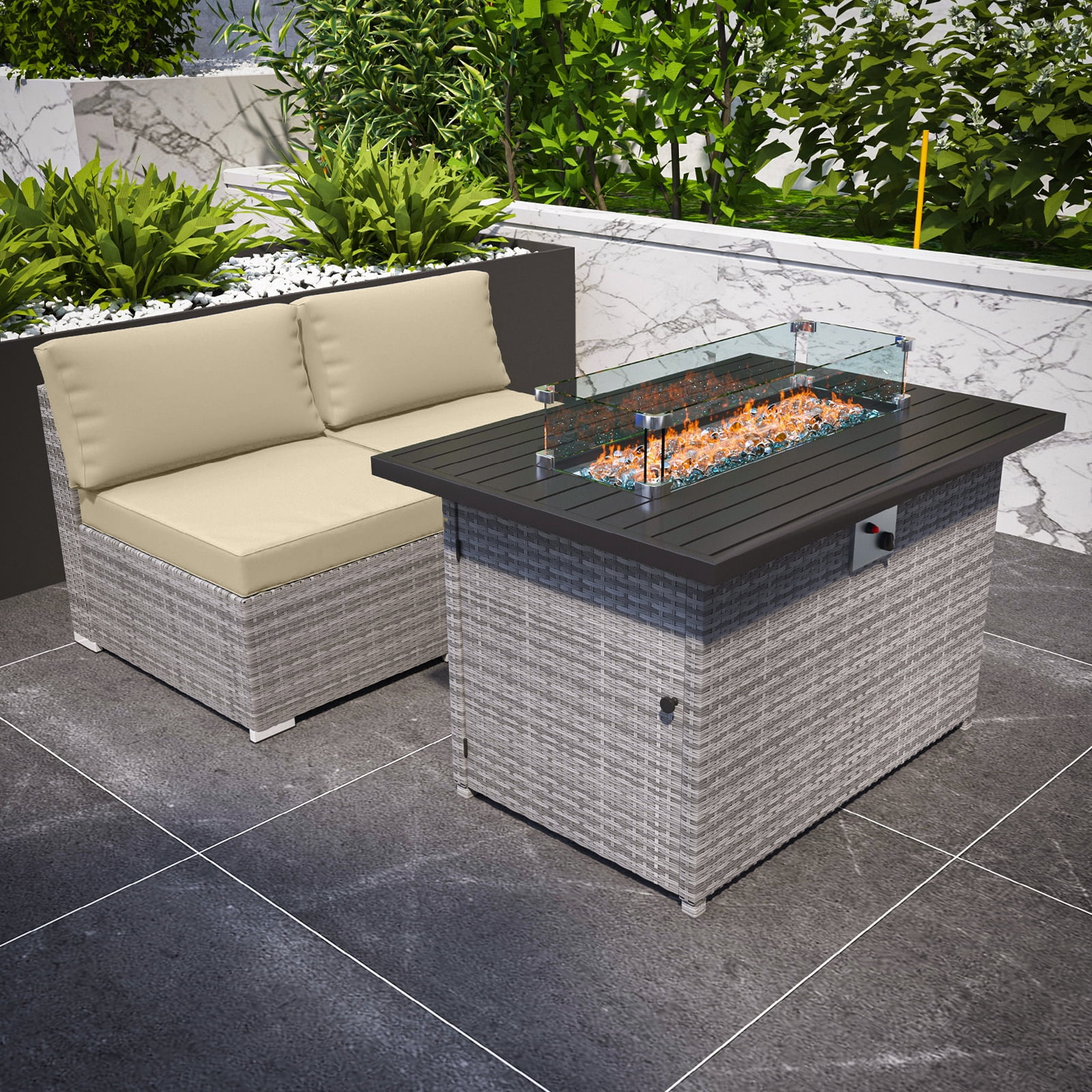 EAGLE PEAK 3-Piece Outdoor Armless Wicker Sofa Set, Outdoor Patio Armless Chairs with Removable Cushions and Fire Table, Sectional Wicker Loveseat Sofa, Beige