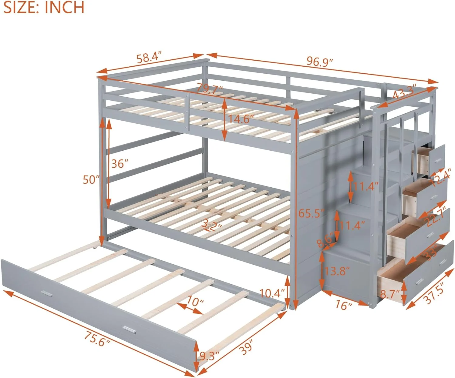 Full Over Full Bunk Bed With Size Trundle And Stairs, Kids Bunk Beds With Storage Drawers, Wood Full Bunk Beds With Trundle And Guardrail For Kids Teens Adults, Gray
