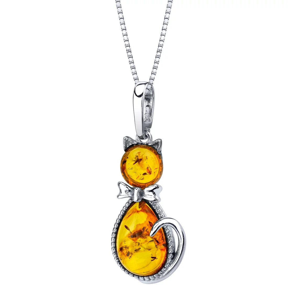 Baltic Amber Cat Pendant Necklace in Sterling Silver, 18
