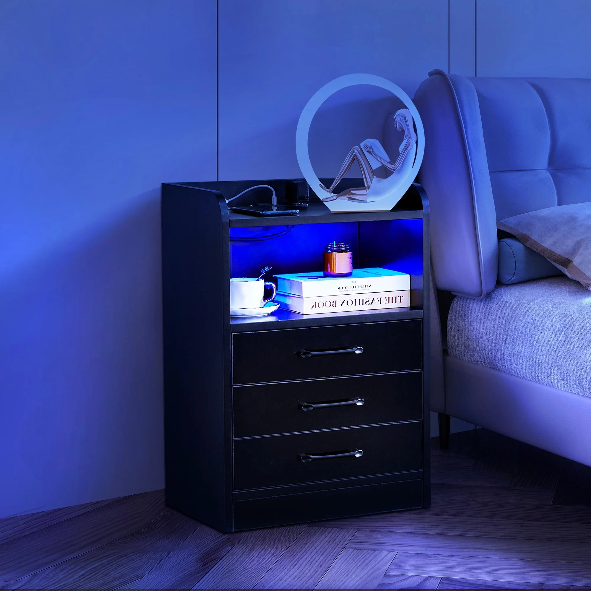 Glavbiku Smart LED Light 3 Drawers Nightstand in Black Finish with USB Port & Power Outlets,Adult