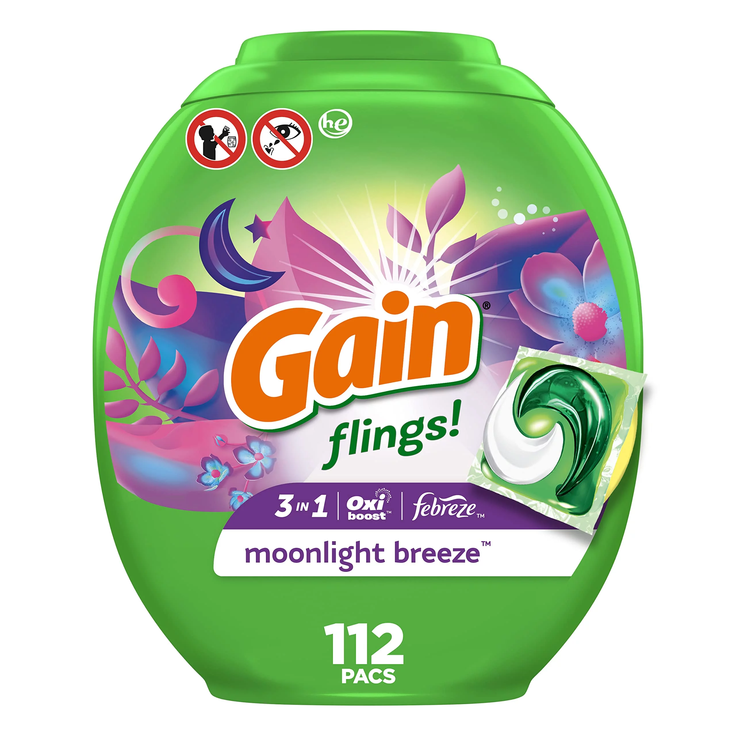 Gain Flings Laundry Detergents Pod  Moonlight Breeze  112 Ct (Pack of 2)