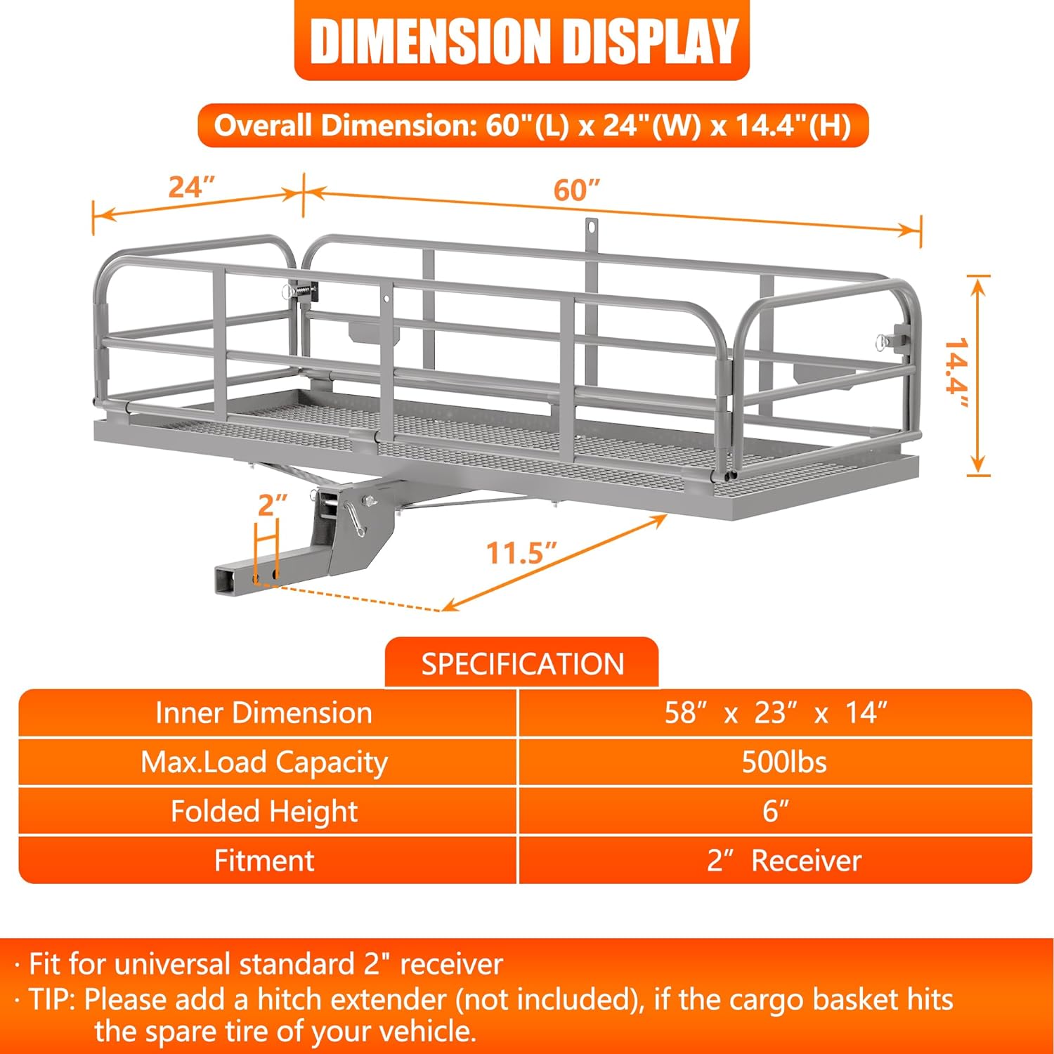 500 Lbs Heavy Duty Hitch Mount Cargo Carrier 60