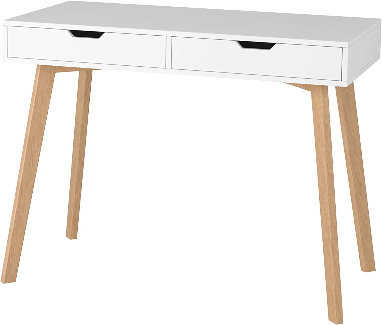 White Computer Writing Desk with 2 Drawers, Modern Home Office Desk with 4 Oak Legs, Small Makeup Vanity Table Desk Console Study Table