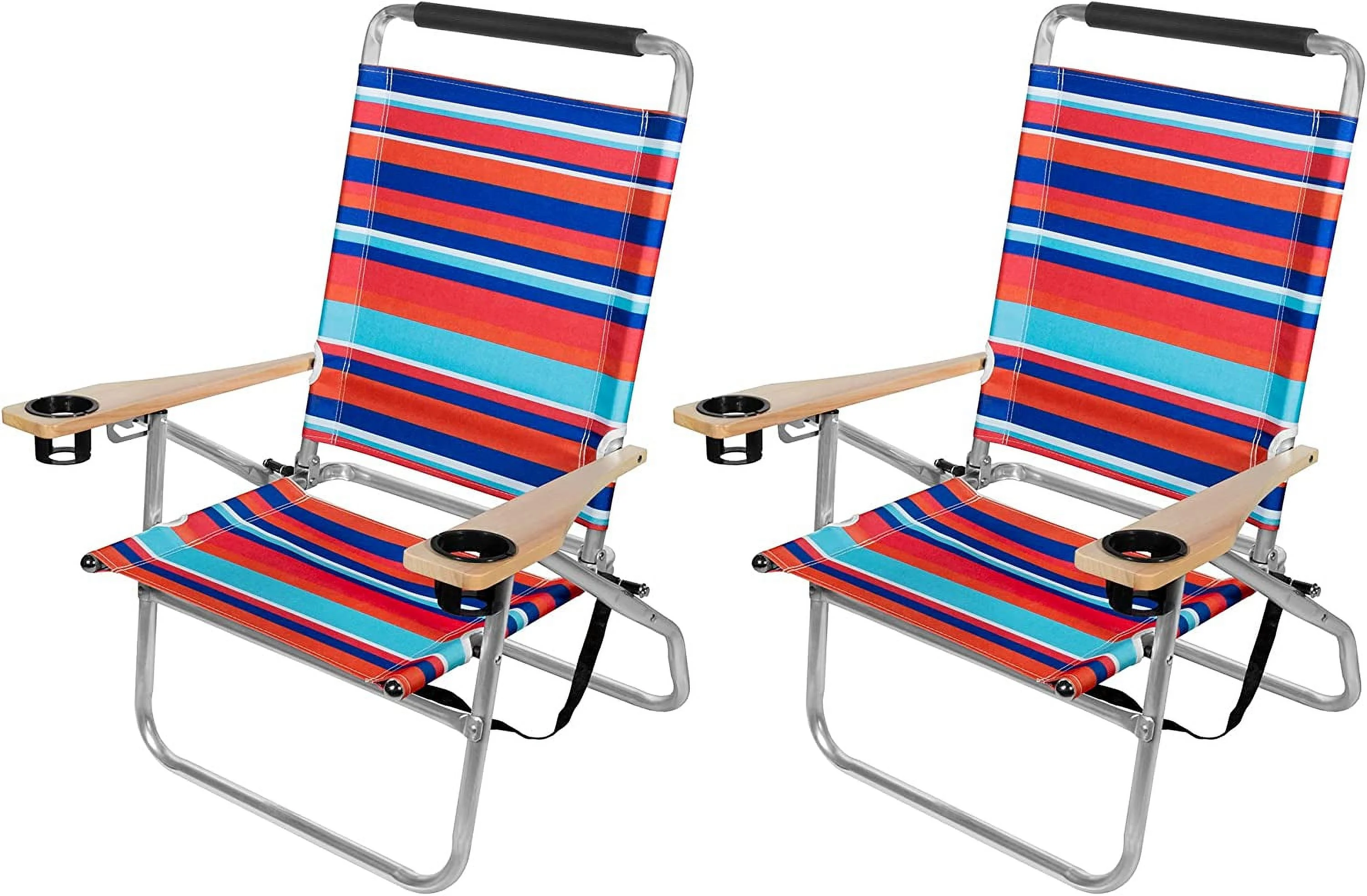 Colorful Foldable Reclining Aluminum Beach Chairs with Cupholders and Carrying Strap, Multicolor, Pack of 2