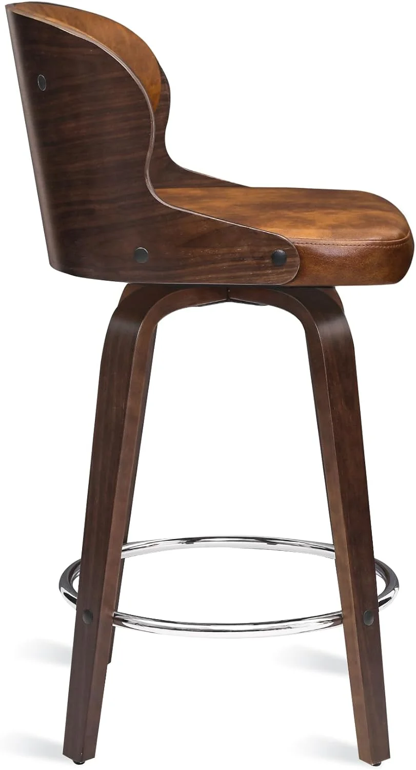 U-ToBe Bar Stools Swivel, Mid Century Modern Bar Stools, 26 Inch Bar Chairs with Hollow Back, Walnut Finish and Faux Leather Seat, Counter Height Barstool Set of 4, Whiskey Brown