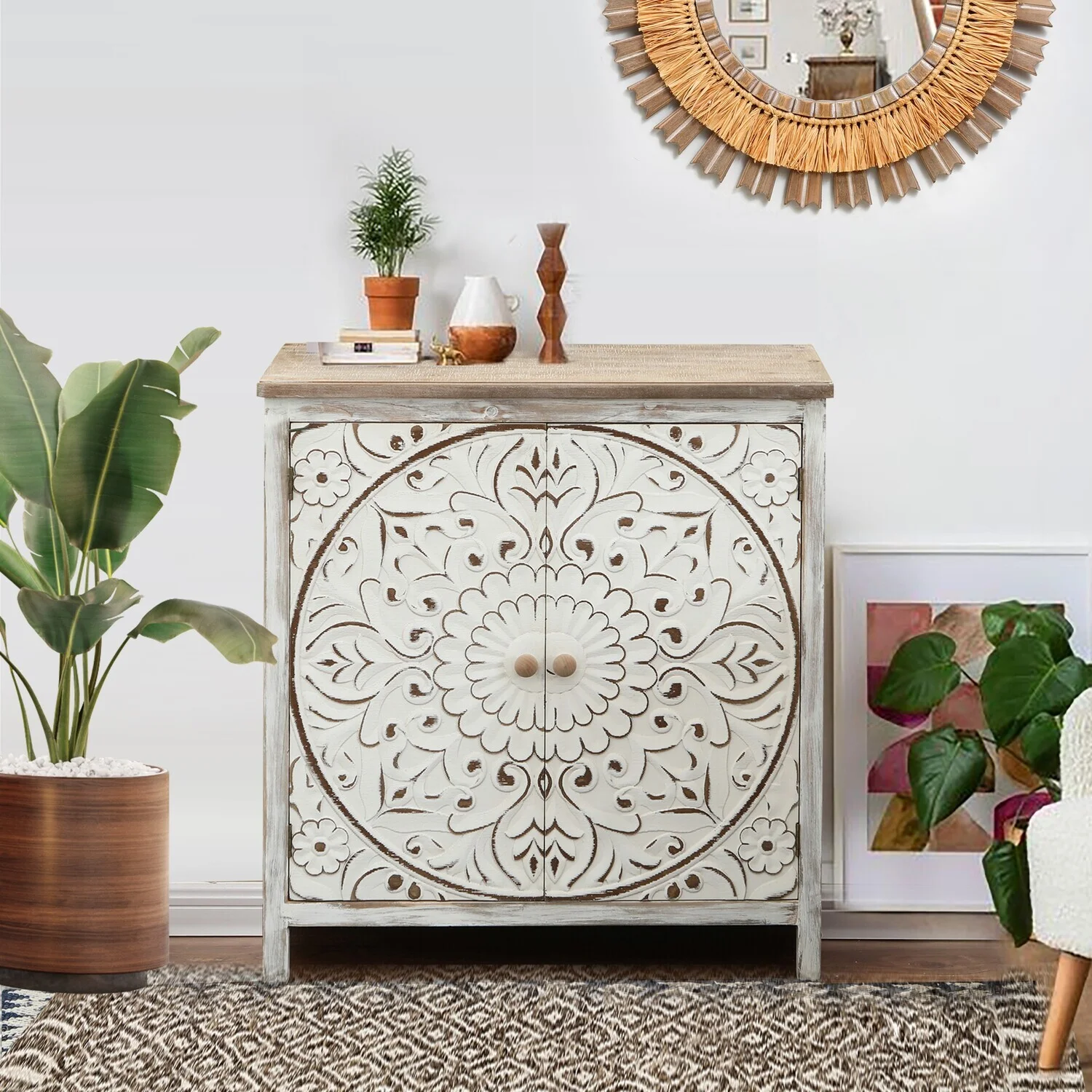 HomeStock Contemporary Chic Distressed Floral White Wood 2-Door Storage Cabinet