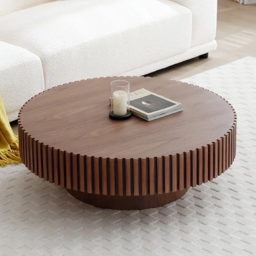 Round Coffee Table,31.49in Wood Coffee Table with Sturdy Pedestal,Mid-Century Coffee Table Modern Sofa Side Table for Home Furniture Small Space(Walnut)