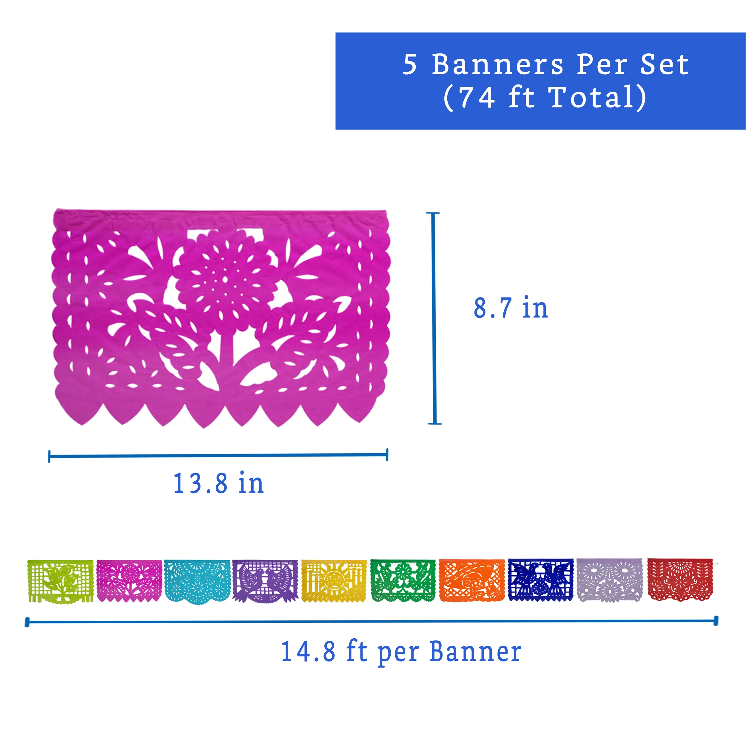 Mexican Party Banners (5 Pack with 10 Tissue Paper Flags per Banner) - Papel Picado Mexicano by Fiesta Wraps
