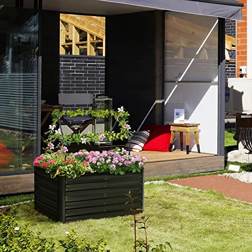 Outsunny Raised Garden Bed with 2 Trellis Tomato Cages, Galvanized Elevated Planter Box with Reinforcing Rods, Elevated & Metal for Climbing Vines, Grapes, Vegetables, 4' x 3' x 2', Silver