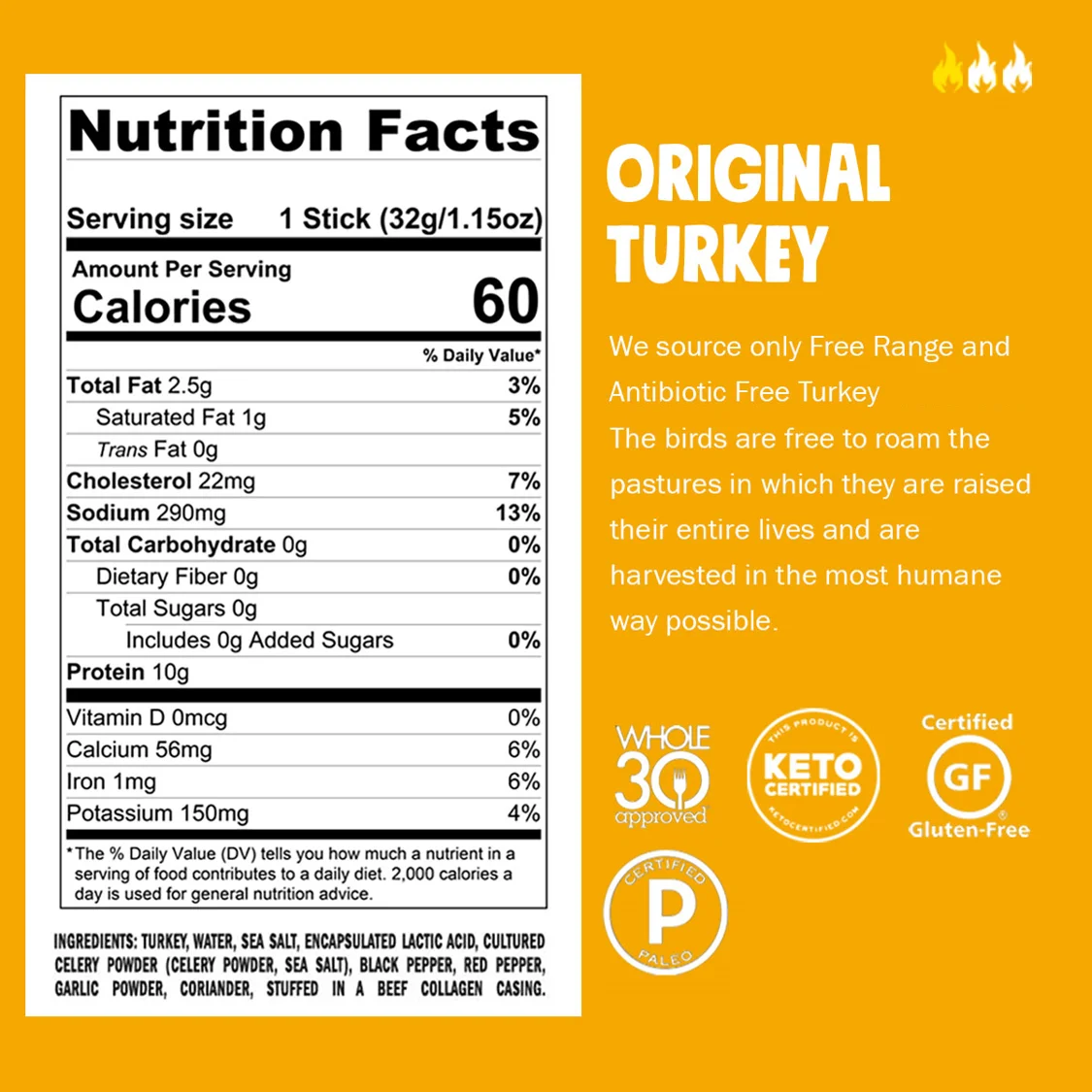 Chomps Free Range Turkey Jerky Sticks, High Protein, Gluten Free, Sugar Free, Whole 30 Approved, 10ct 1.15oz Sticks