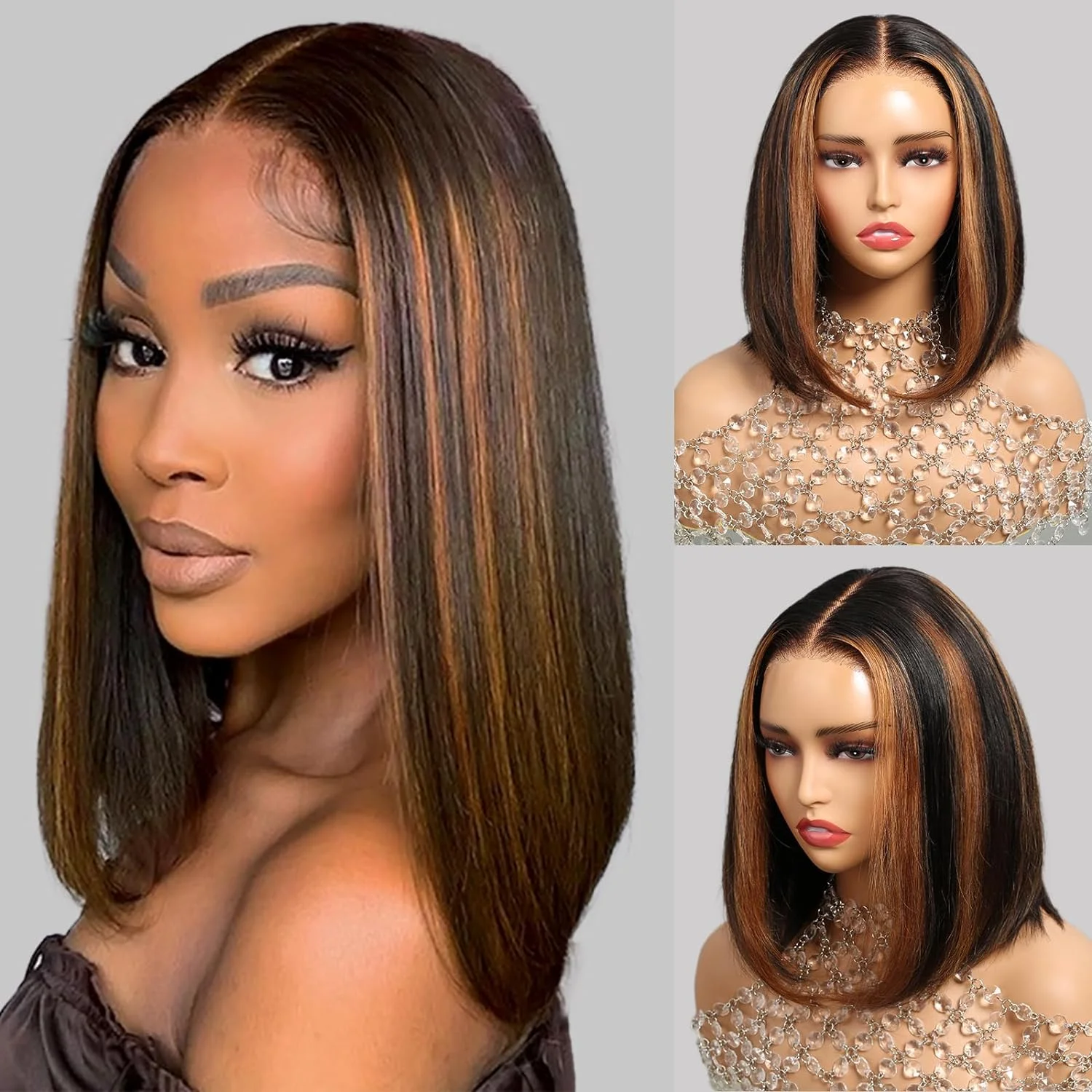 13x4 HD 1B/30 Highlight Bob Wig Ready to Go Glueless Bob Wig Human Hair Ombre Lace Front Wig Human Hair Pre Plucked With Baby Hair Bob Wig Human Hair Lace Frontal Wig 180% Density 10inch