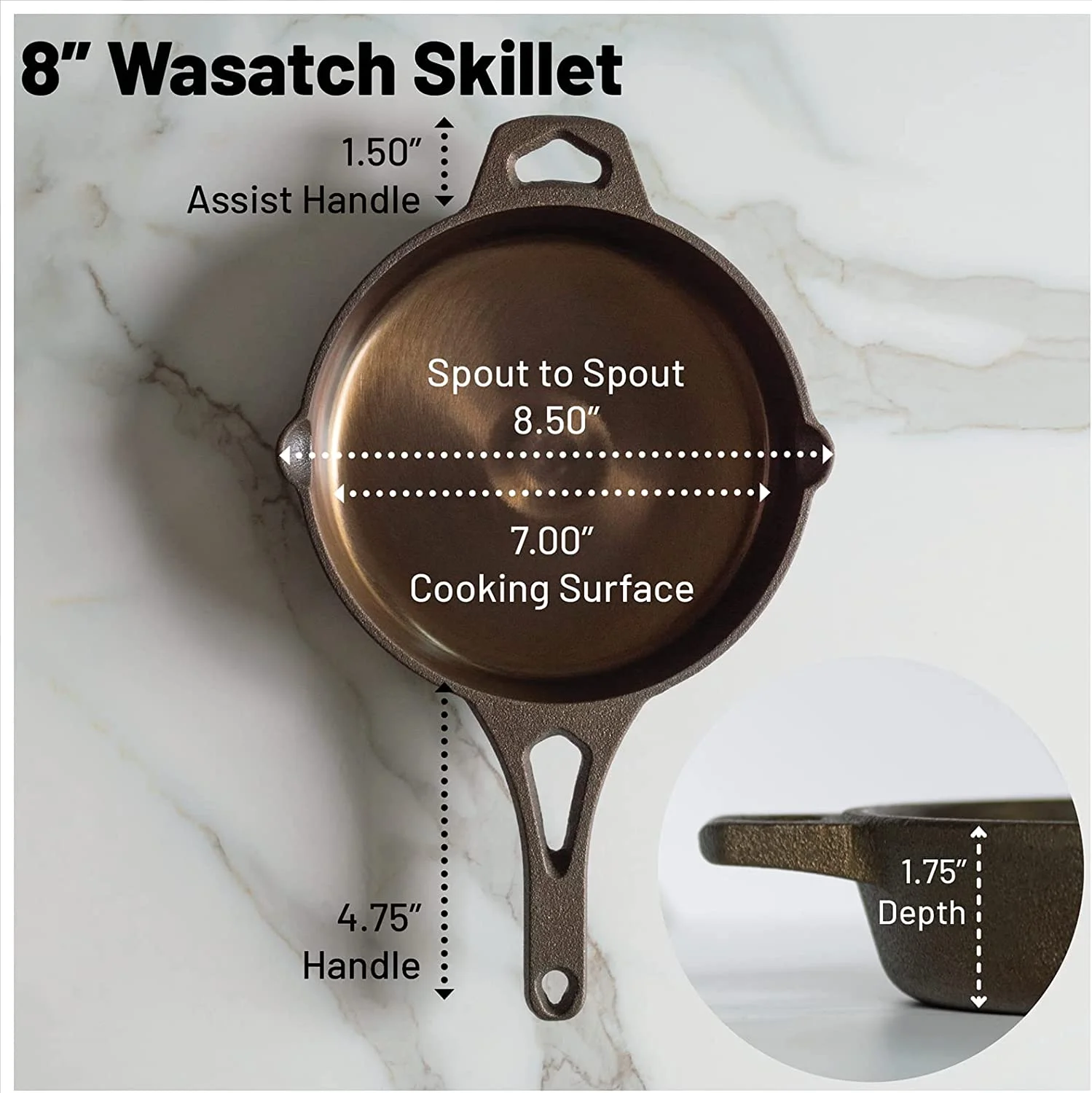 8 Inch Smooth Wasatch Pre-Seasoned Round Cast Iron Skillet