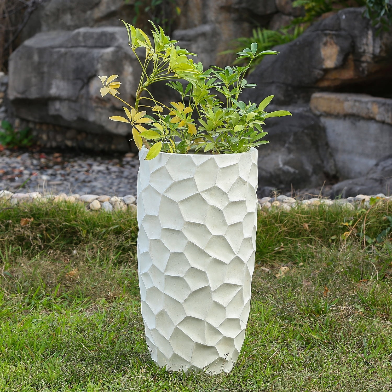 HomeStock Mountain Lodge White Mgo 22In. H Geometric Pattern Round Tall Planter