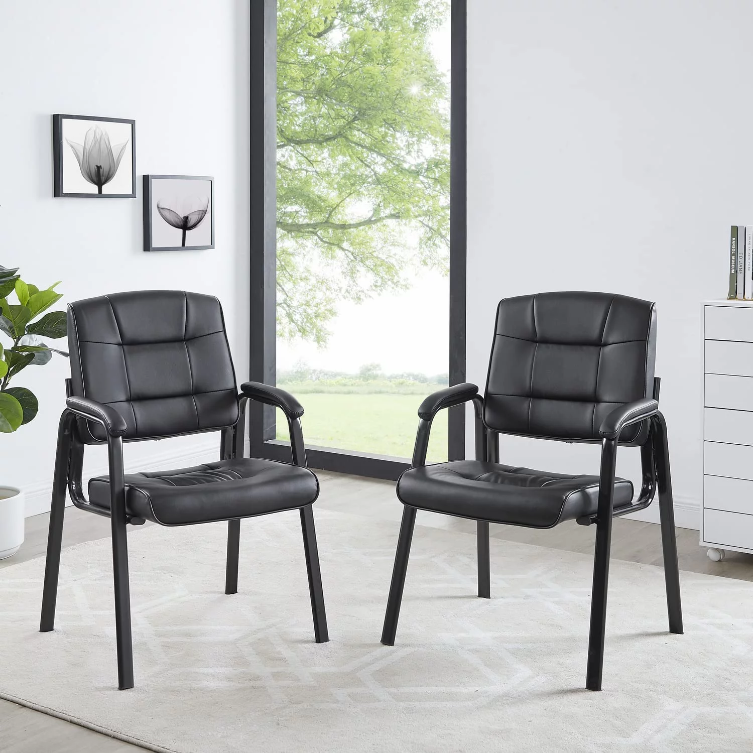 YiSHOP Office Guest and Reception Chairs with Extra Seating Area, Padded Arms and Back Support, Office Chair with No Wheels Set of 2, Silla de Oficina - Faux Leather, Black