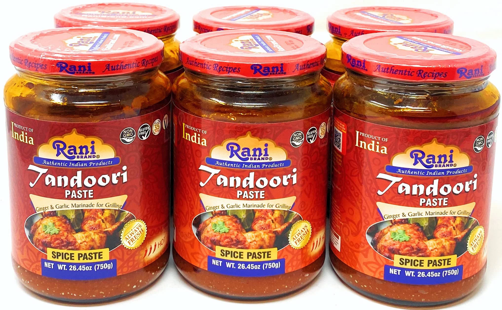 Rani Tandoori Paste (No Colors) 26.5oz (750g) Glass Jar, Pack of 5+1 FREE ~ For Tandoori Chicken, Chicken Tikka, Paneer Tikka | All Natural | NON-GMO | Vegan | Gluten Free | Indian Origin