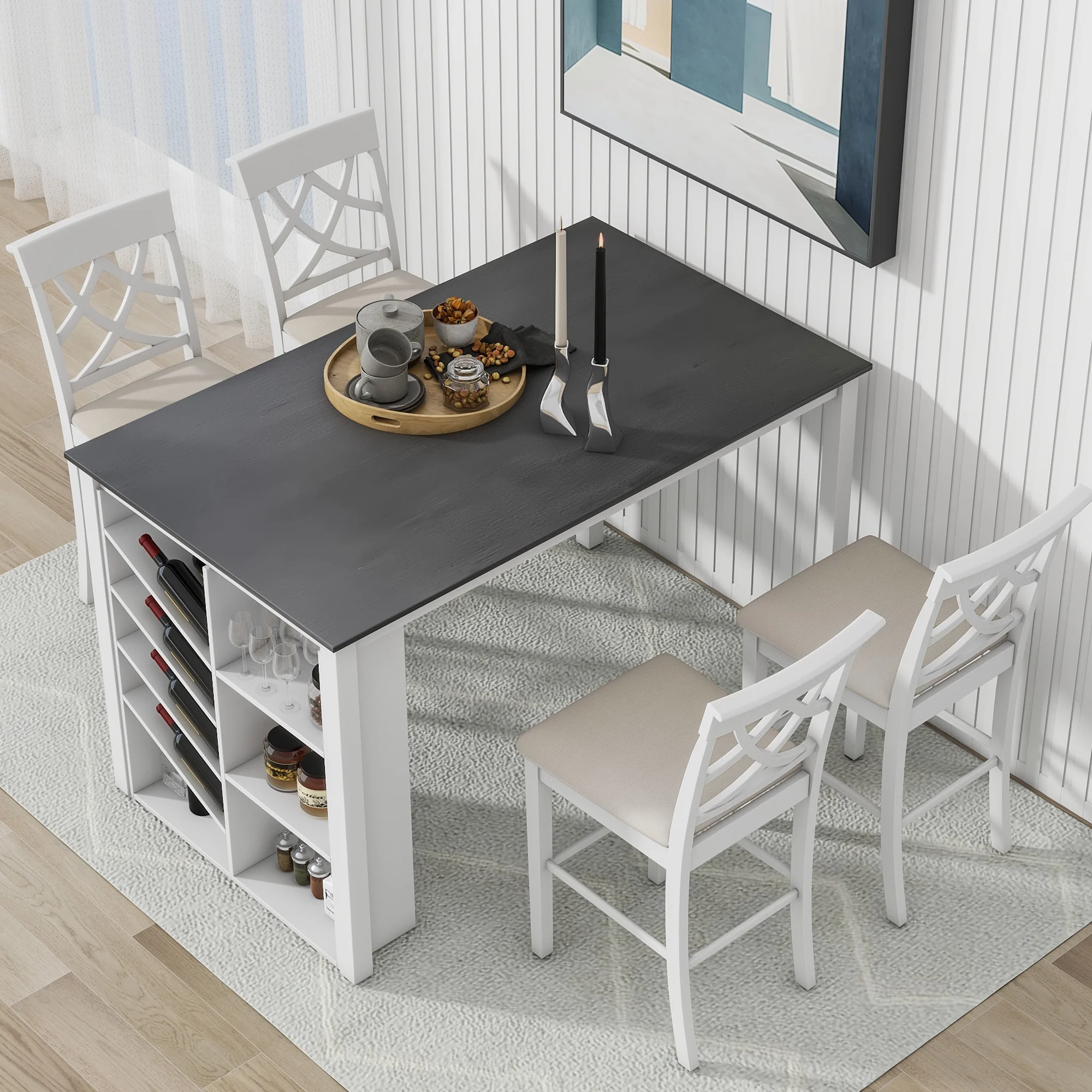 DeeHome TOPMAX Counter Height 5-piece Solid Wood Dining Table Set, 59*35.4Inch Table with Wine Rack and 4 Upholstered Chairs, White