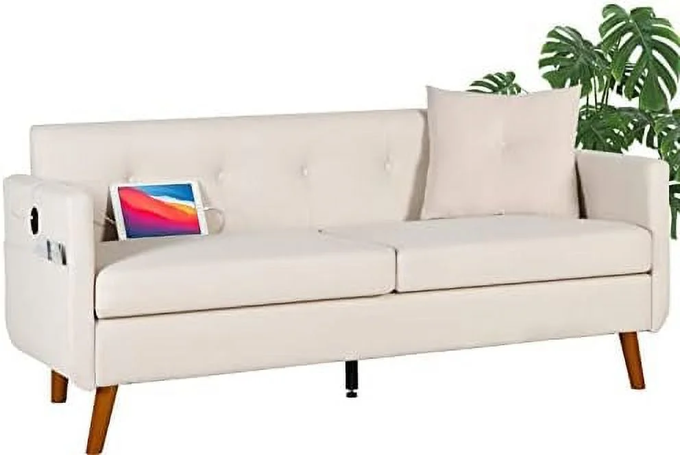 YPDCHB Mid-Century Modern Button Tufted Upholstered Sofa Couch w/ 2 USB Charging Ports  Fabric Love Seats for Small Space  Living Room  Apartment  Bedroom  Office  Dorm  65" (Cream Be