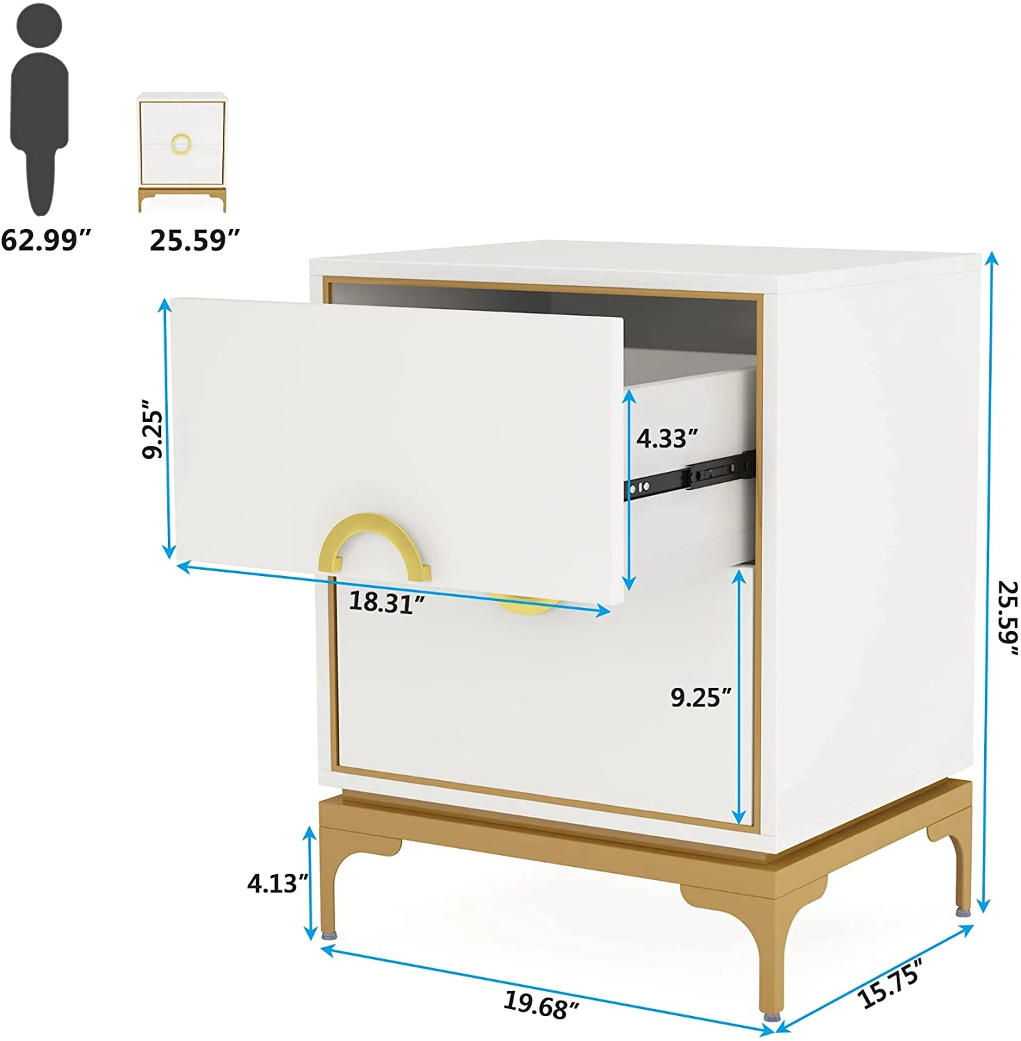 Tribesigns White and Gold Nightstand 2-Drawer, Modern Tall Bedside Table Night Stands for Bedroom, Wooden End Table Side Table with Metal Frame for Living Room, 20x15.7x21 Inches, Easy Assembly