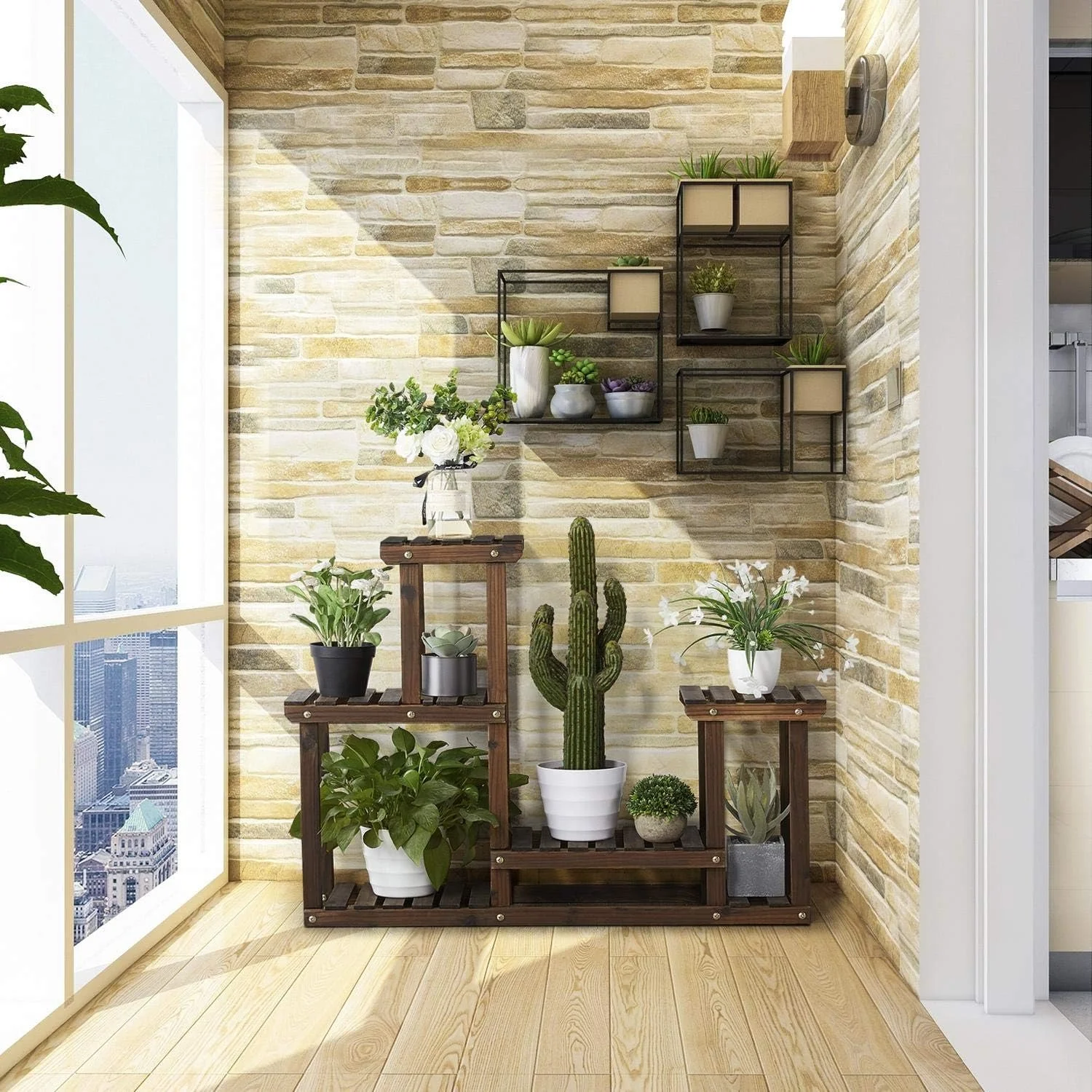 Wooden Flower Display Stand - Indoor/Outdoor Rustic Plant Shelf Rack, Assorted Usage for Patio, Garden, Balcony, Living Room, Bedroom