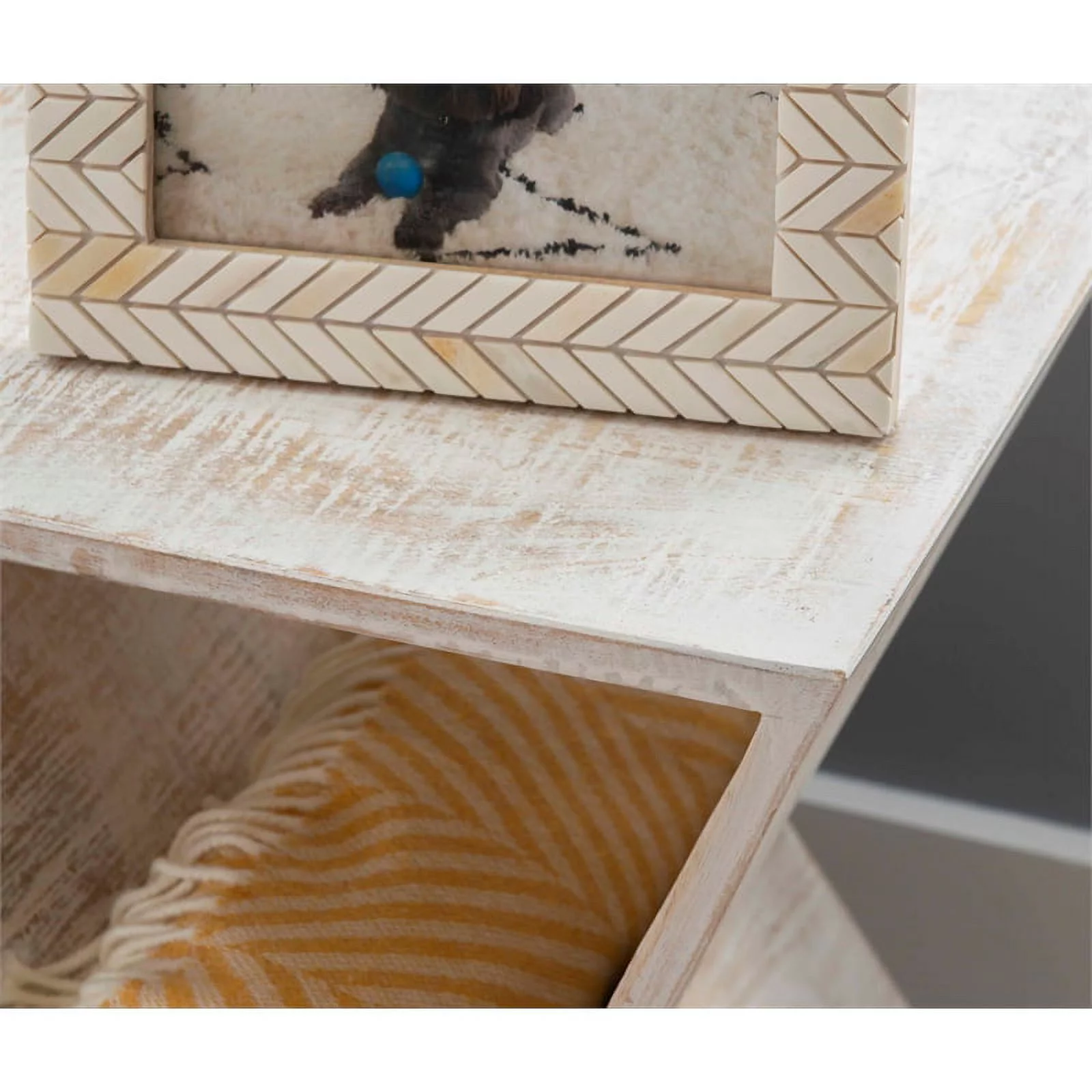 Pemberly Row Transitional Mango Wood Triangle Side Table in Whitewash