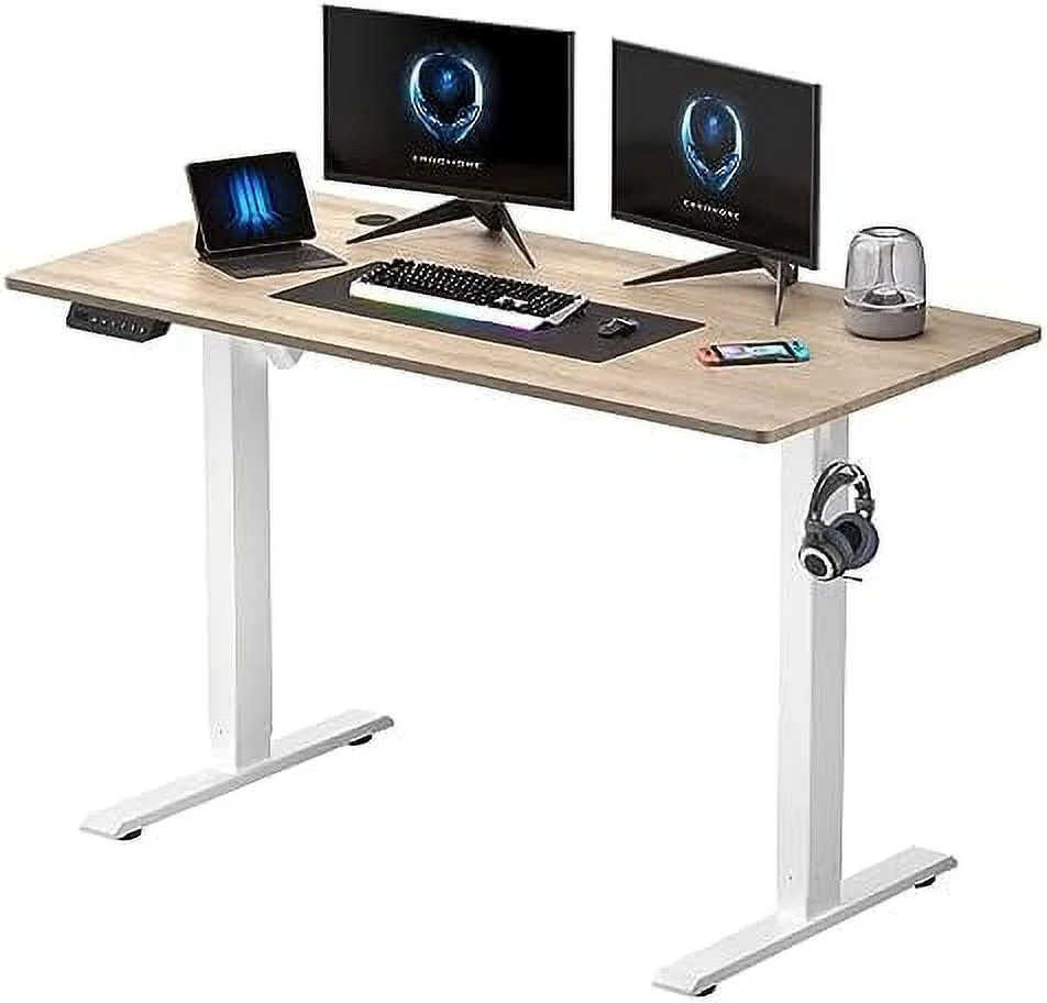 ZWNLKQG Electric Standing Desk  48x24 Inch Whole-Piece Desktop Adjustable Desk Computer Workstation with 3 Memory Presets and Hook for Home Office (Maple & White)