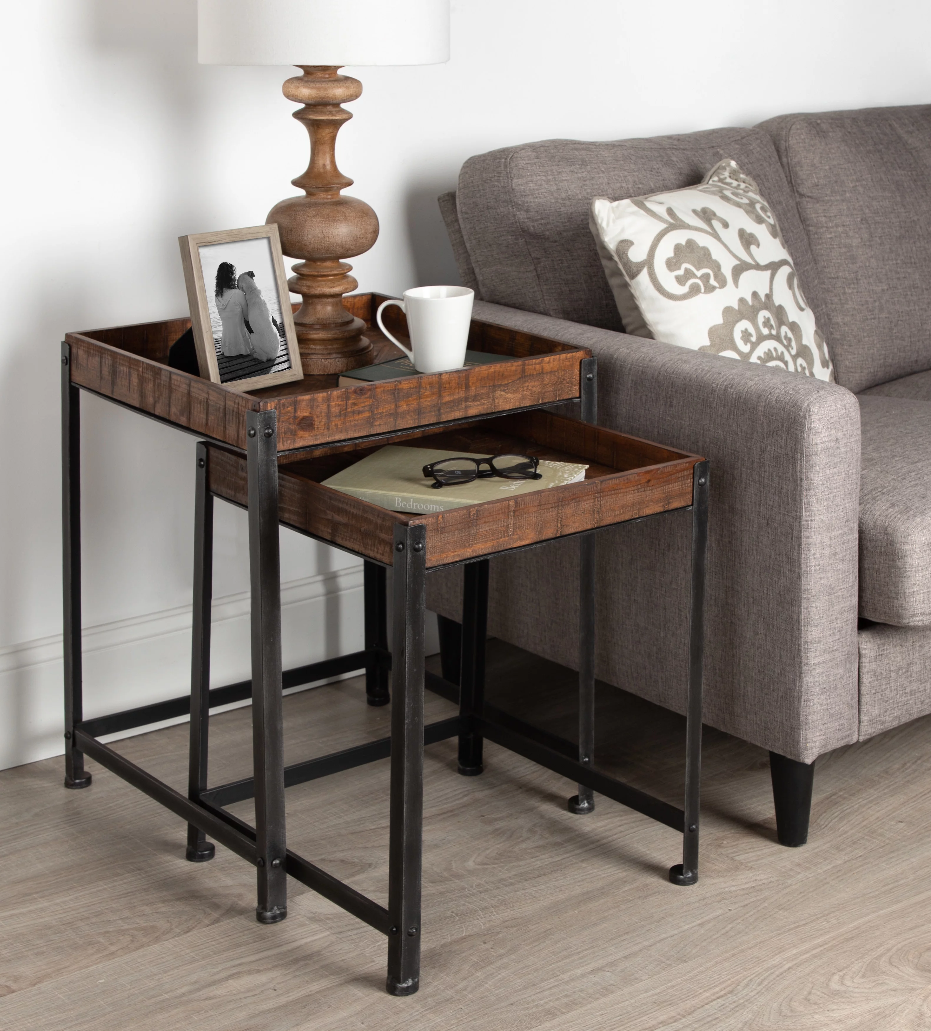 Kate and Laurel - Marsh 2-Piece Rustic-Modern Side Accent End Tables with Pieced Quilted Star Pattern Designed Wooden Tray Top and Distressed Black Metal Base