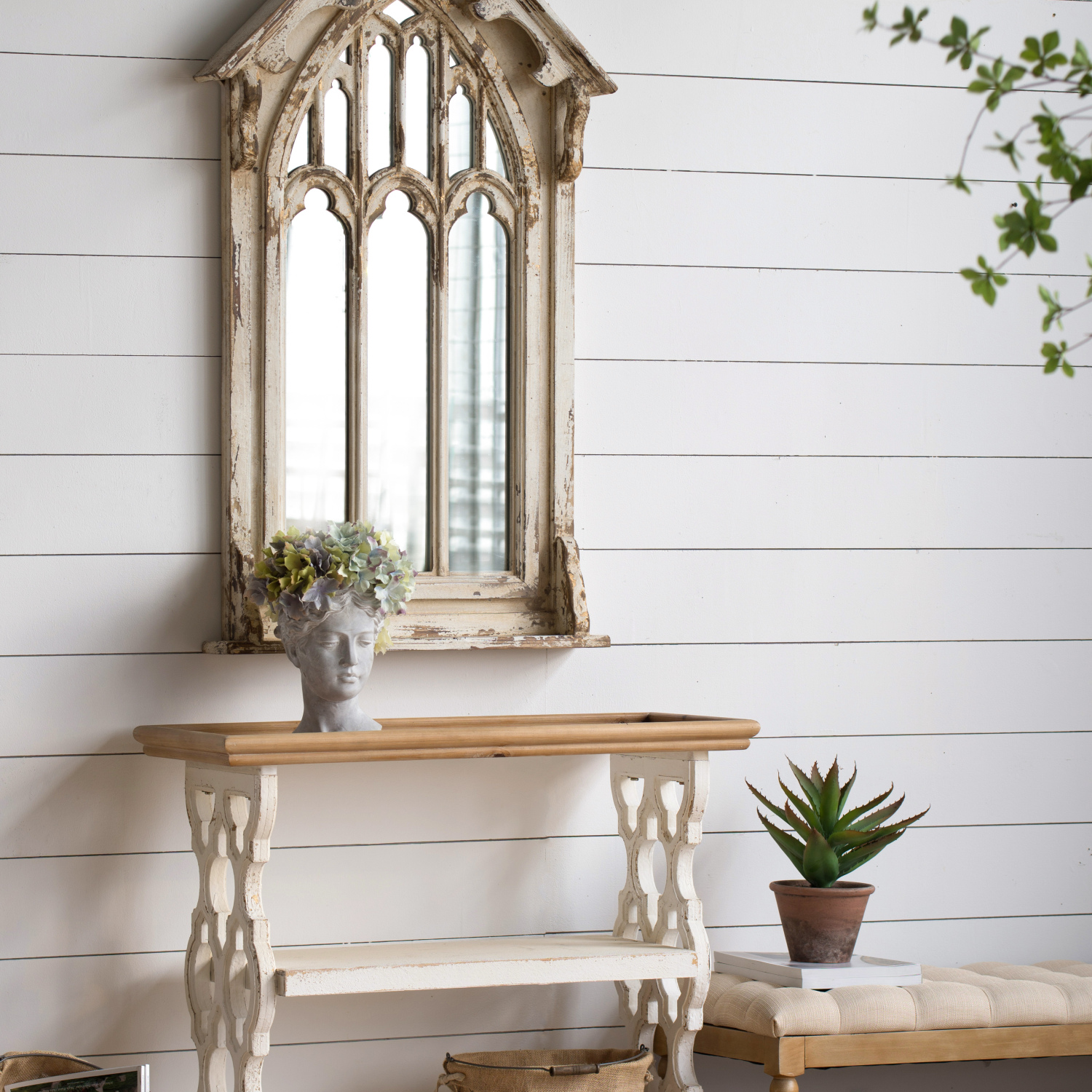 French Country Console Table with Distressed White and Natural Wood Shelf  35.5” x 14” x 32” Dimensions
