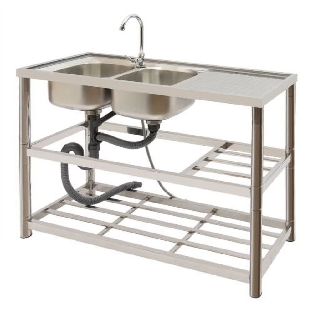Stainless Steel Commercial Sink Utility Sink 2 Compartment Kitchen w/Prep Table